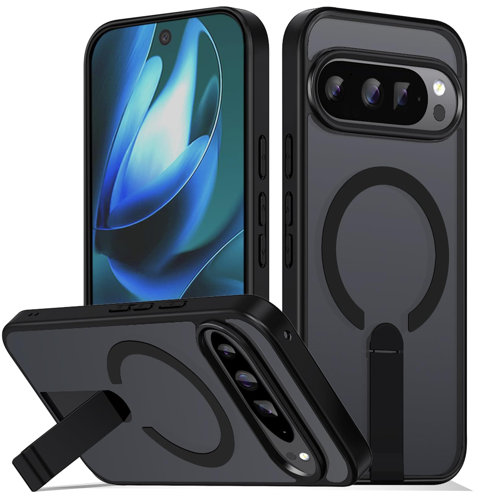 for Google Pixel 9 Case/Pixel 9 Pro Case, Adjustable Stand, Phone Case Compatible with Magsafe, Anti-Scratch Matte Cover, Raised TPU Edge for Camera Screen Protection, Drop Tested (Black)