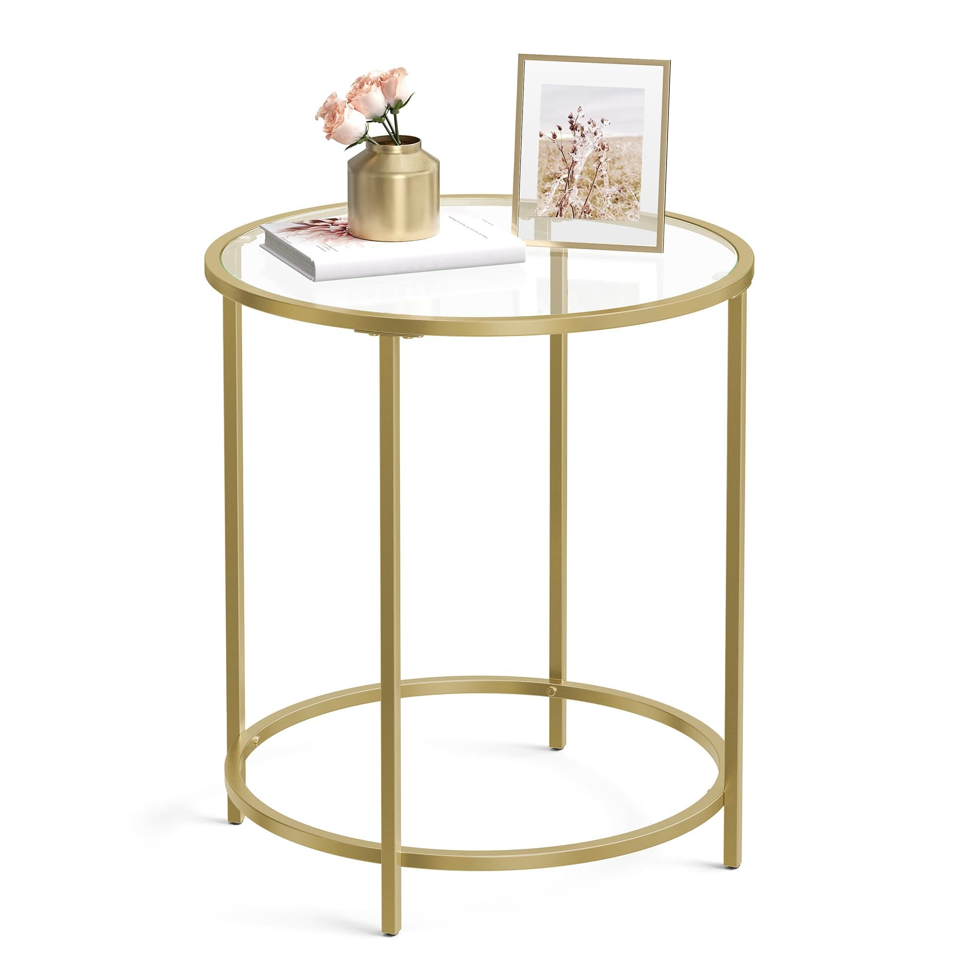 Round Side Table, Glass End Table with Metal Frame, Gold Coffee Table with Modern Style, for Living Room, Balcony, Bedroom, Gold Color