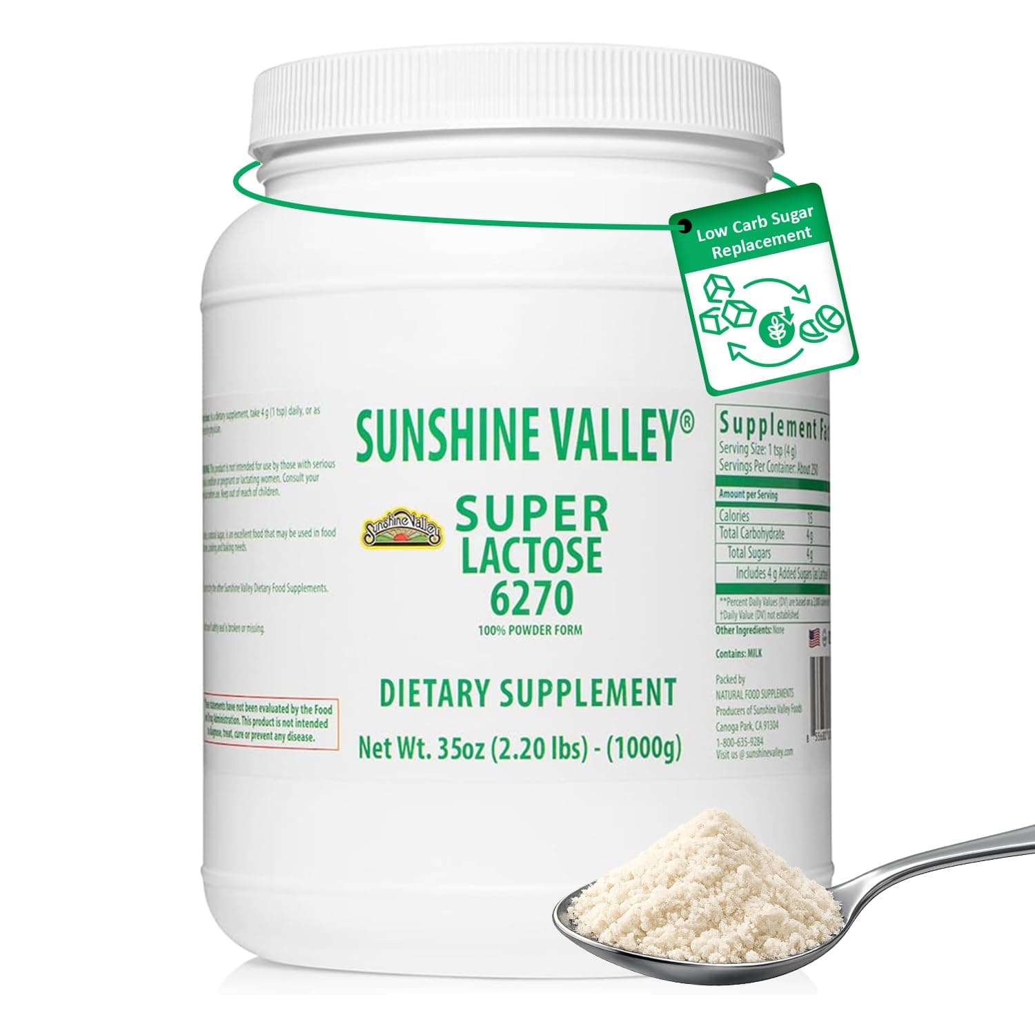 Sunshine Valley® Lactose Powder (Milk Sugar) - Fine White Powder for Baking, Cooking & Brewing, Versatile Ingredient for Food Mixtures & Recipes - 35 oz
