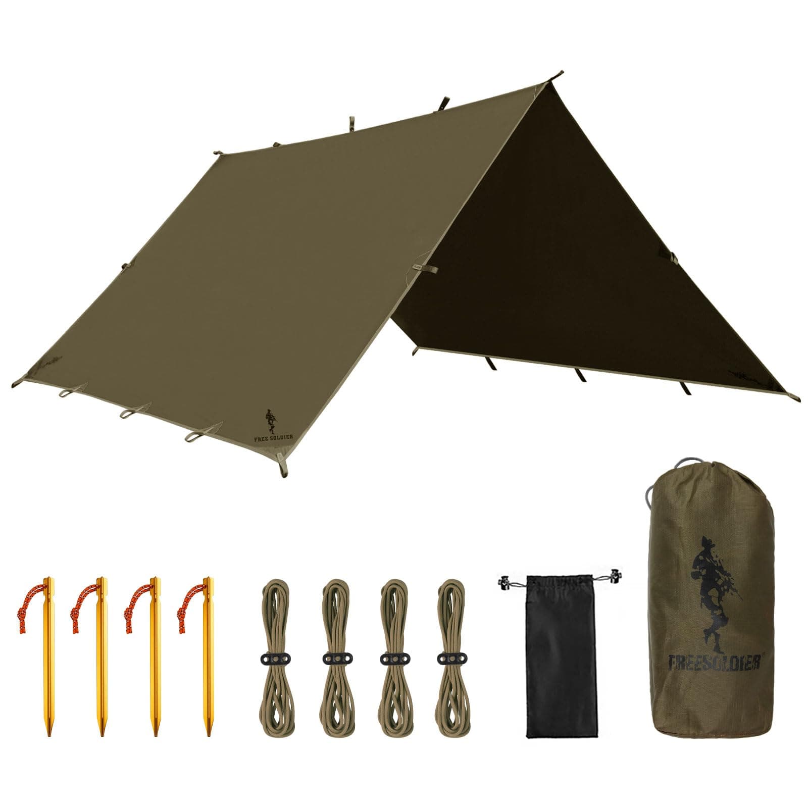 FREE SOLDIER Camping Tarp Waterproof Portable Multifunctional Outdoor Traveling Awning Backpacking Shelter Rain Tarp (Olive-Green 10×10.5ft)