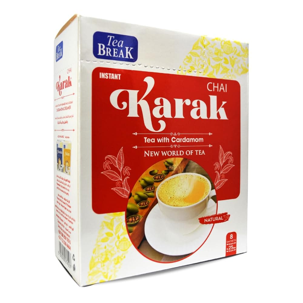 Instant Karak Chai Tea With Creamer Sweetened Skimmed Milk & Cardamom Vegan Cream Break ( 1 Pack = 8 Sachets x 25 gm ) Natural Coffee New World Of Non Gmo Kosher Halal ??? ??? ??????