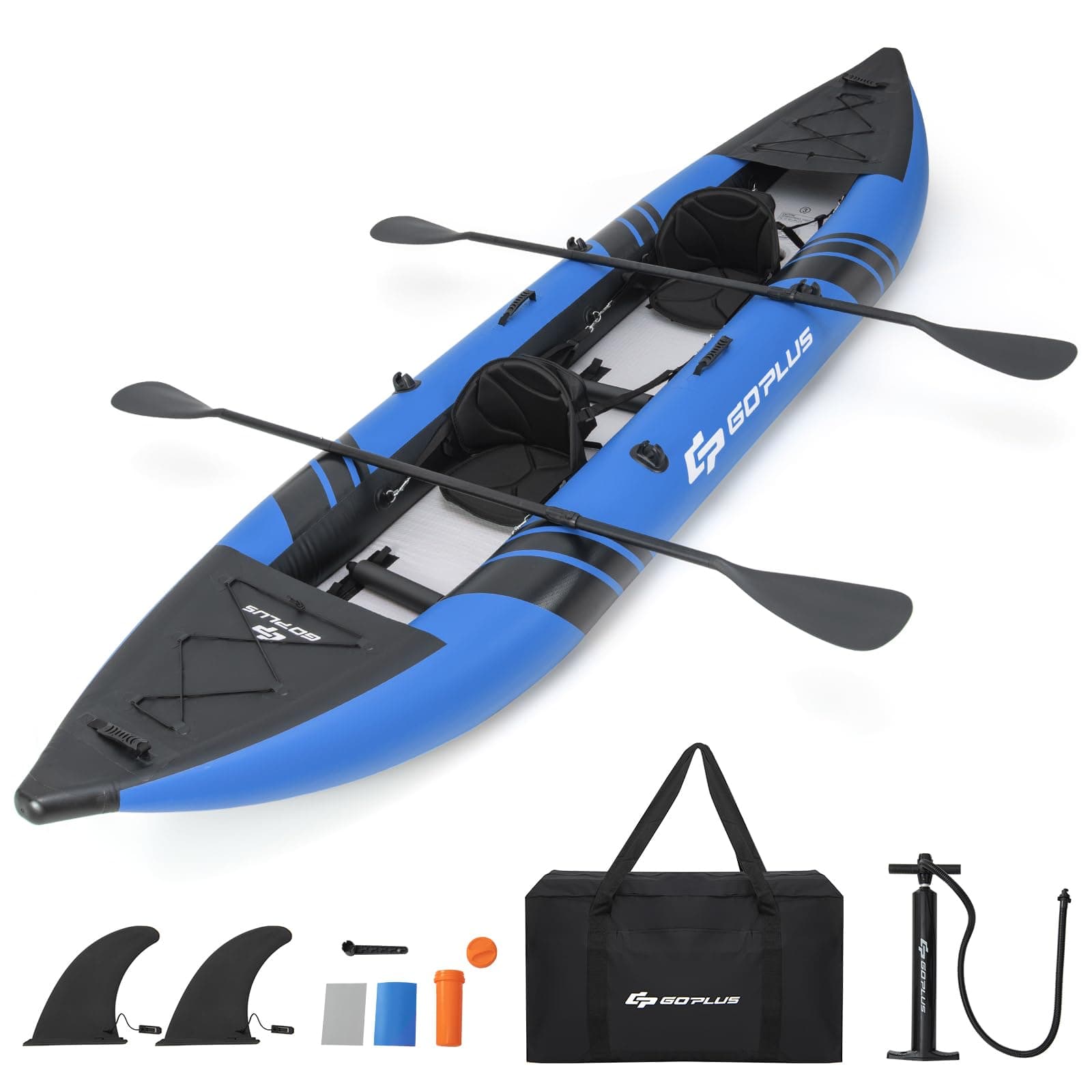 Goplus Tandem Inflatable Kayak, 12.5FT 2-Person Kayak for Adults w/507 LBS Weight Capacity, 2 Aluminium Oars, Padded Seat, 2 Fins, Hand Pump, Carry Bag, Repair Kit, Portable Touring Kayaks