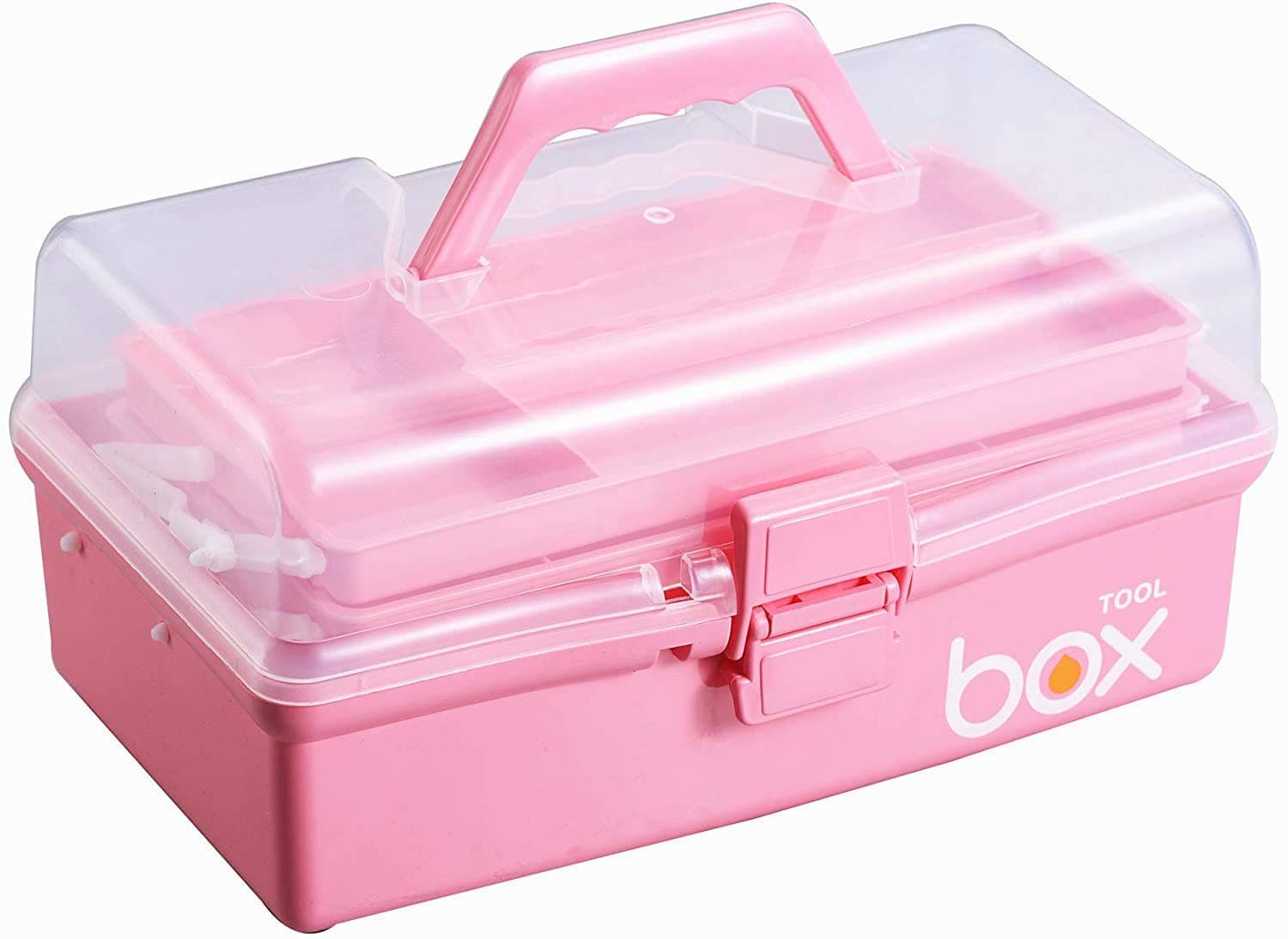 Multipurpose Tools Storage Box Organizer 3-Layer Plastic Storage Box Handled Storage Case for Art Craft Cosmetic Sewing Supplies Organizer Medicine Box Family First Aid Box with Handle (Pink)