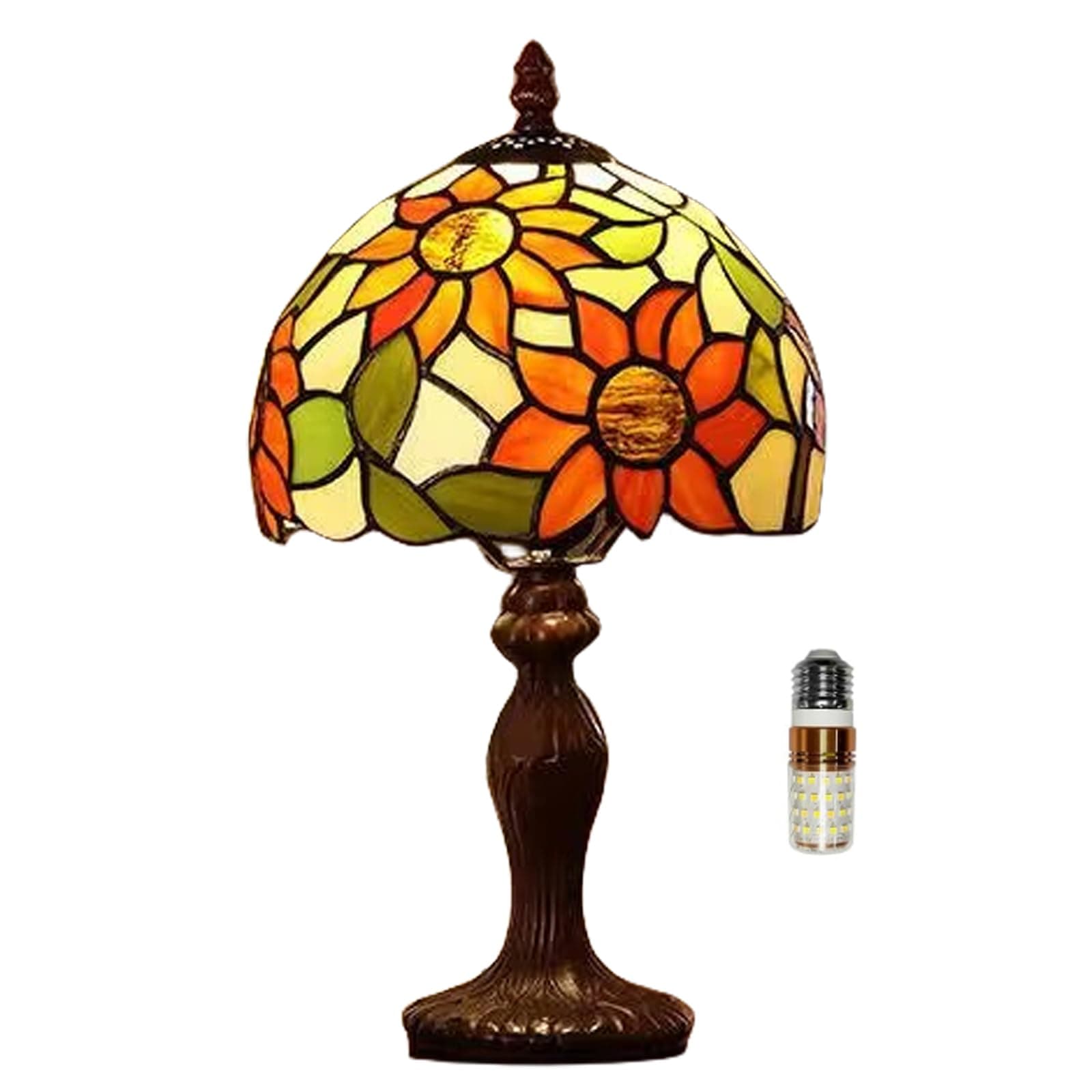 Tiffany Table Lamp,3 Color-Temperature Sunflower Stained Glass Lamp,8X8X15 Inch Small Accent Antique Nightstand Bedside Table Lamps for Bedroom Living Room Home Office Light +LED Bulb
