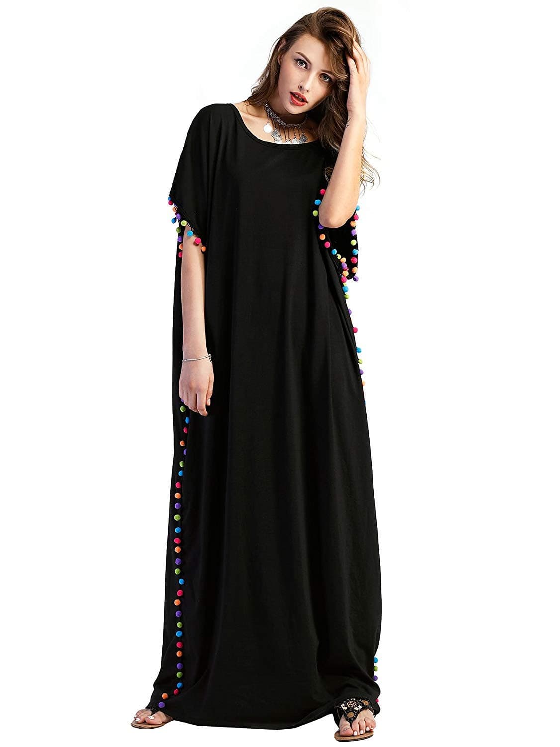 Floerns Women's Pom Pom Trim O Neck Casual Loose Maxi Kaftan Dress