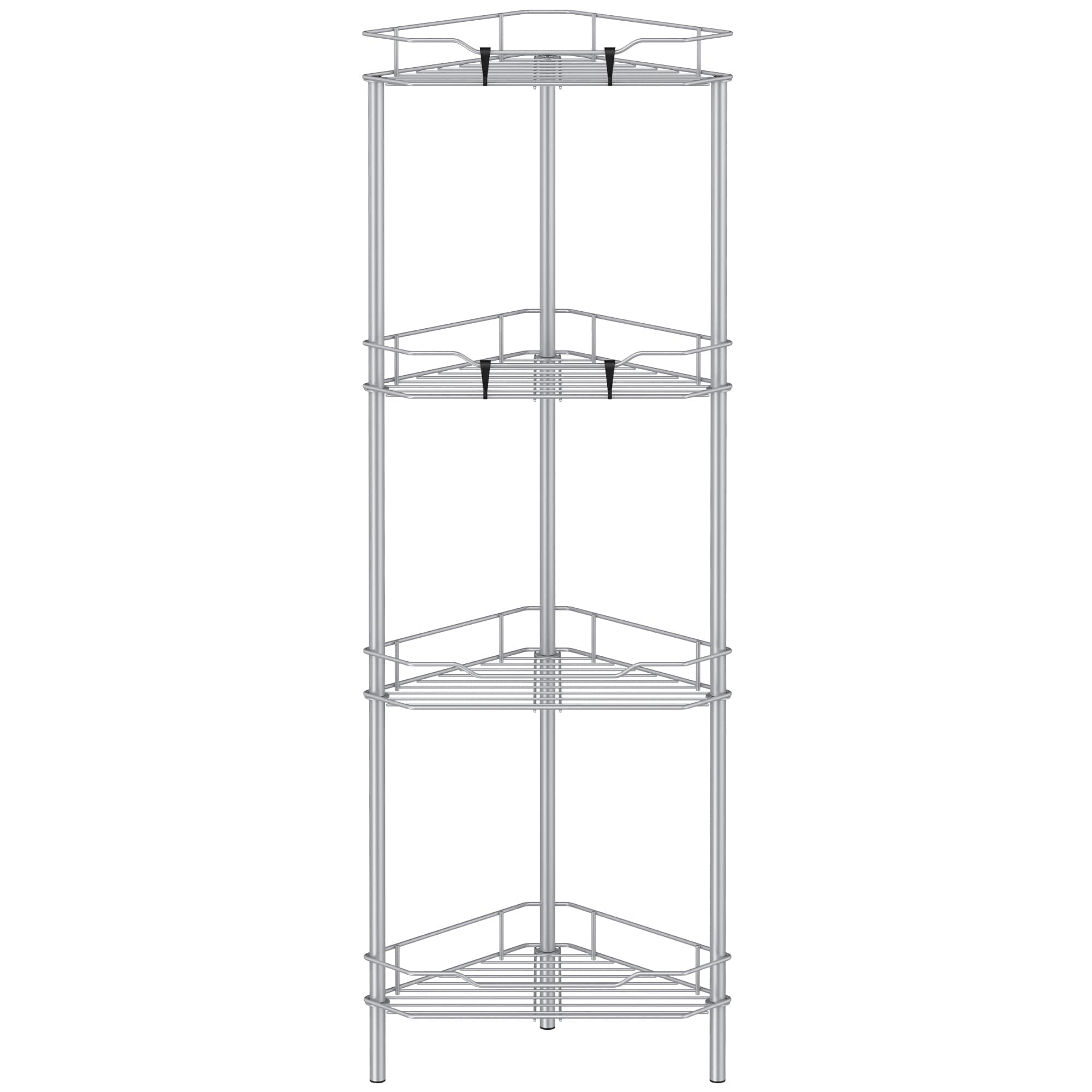 HuggieGems 4 Tier Floor Standing Corner Shower Caddy Organizer Shelf with Hooks, Bathroom Shelves Stand Rack, Silver