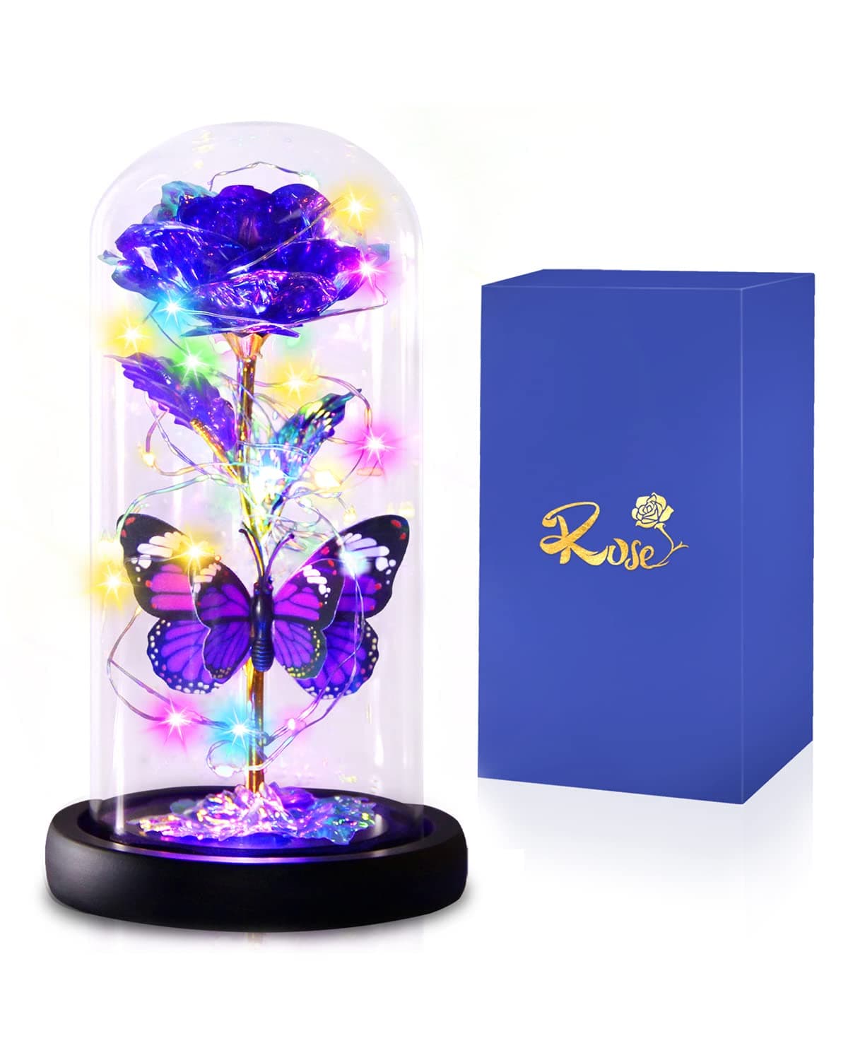 Mothers Day Butterfly Rose Gifts for Mom from Daughter Son - Light Up Purple Rose Flower in Glass Dome - Thinking of You Eternal Love Gifts for Women Mom Wife Her Mother's Day Birthday Anniversary