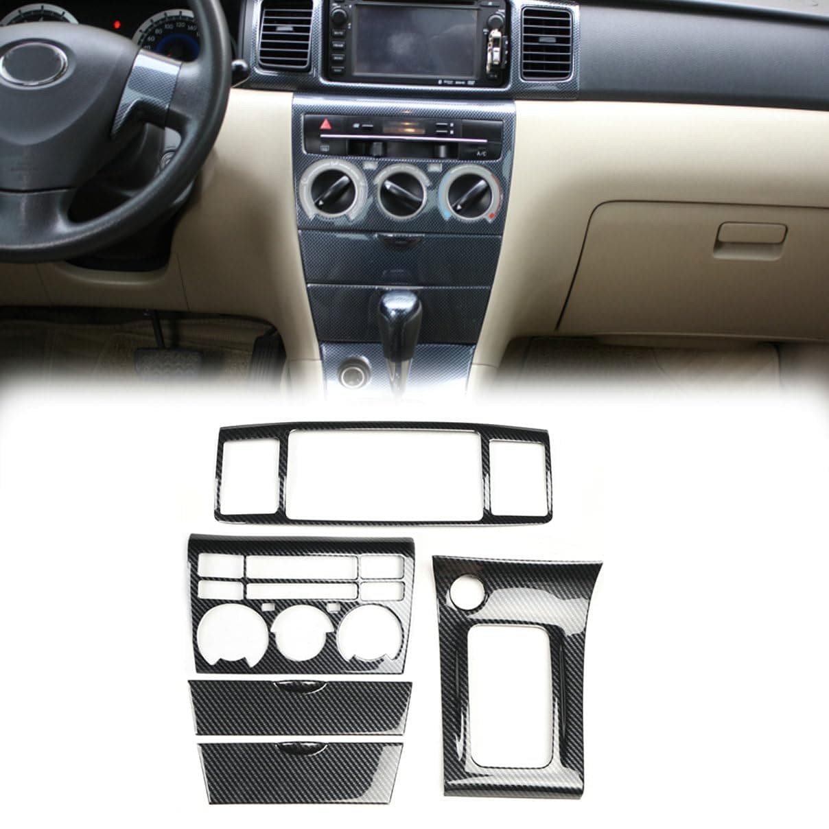 Car Center Console Gear Shift Box Transmission Panel Cover Sticker Set Car Decoration for Toyota Corolla 2003-2008 Carbon Fiber Black (Not Replacement)