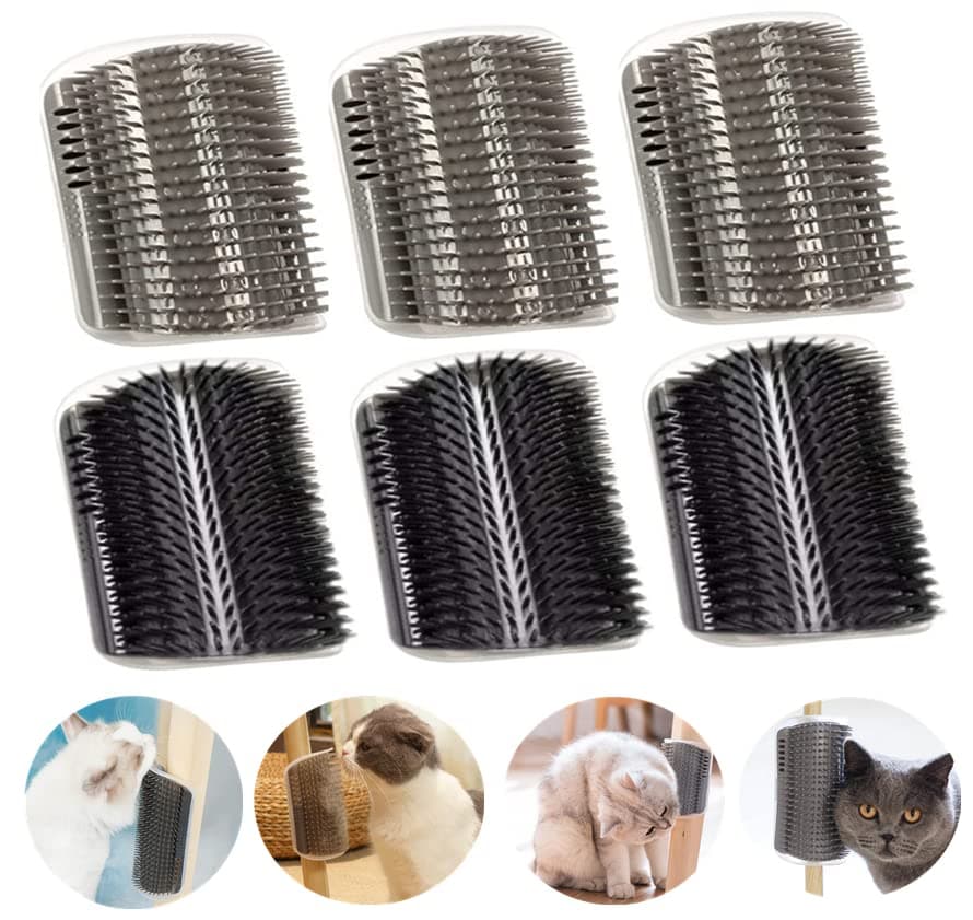 6 Pack Cat Self Groomer with Catnip Pouch Wall Corner Groomers Cat Face Scratcher Pet Grooming Brush Massage Combs for Cats Fur Pets Dog Kitten Puppy(Black & Gray)