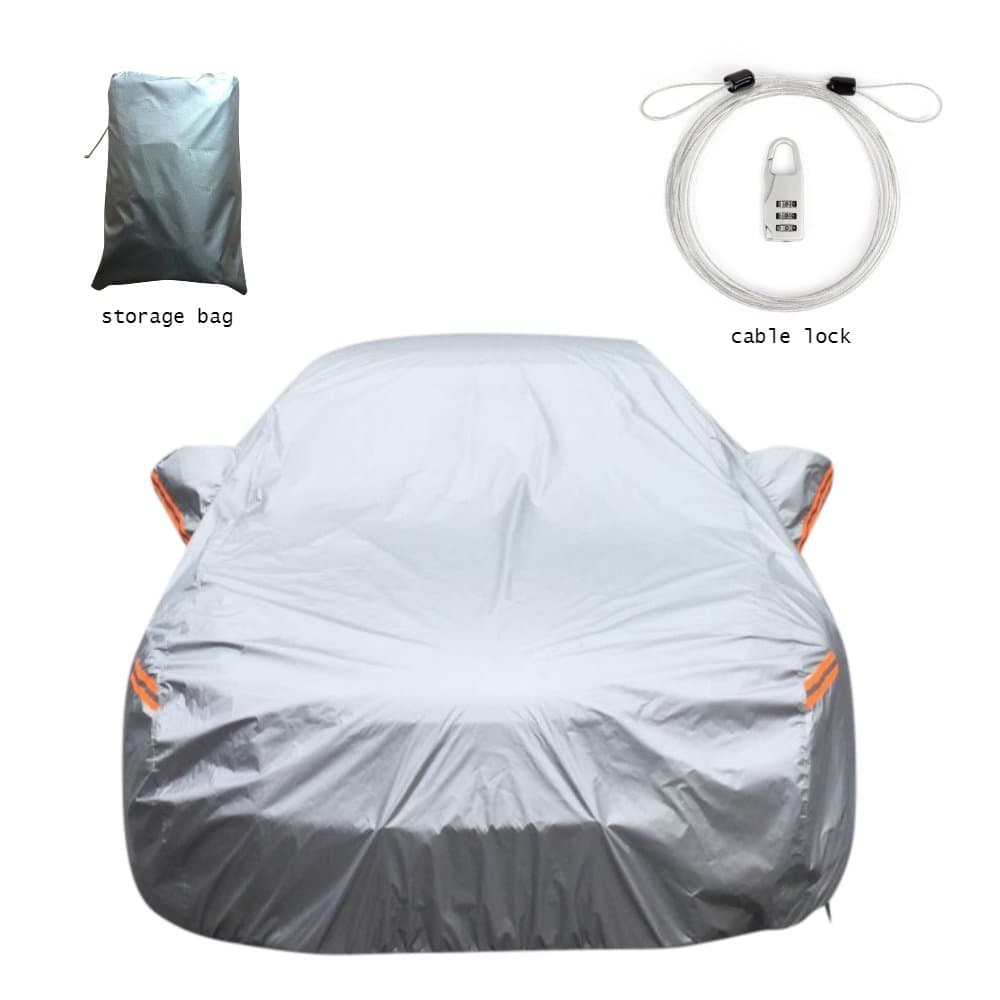 SUPERB Car Cover Set Polyester Water/Sun Proof fits sedan's up to 200 inches Long,-Anti Theft Protection-Windbreak Belts-Left Door Zipper-Reflector-Mirror Pockets-Storage Bag.