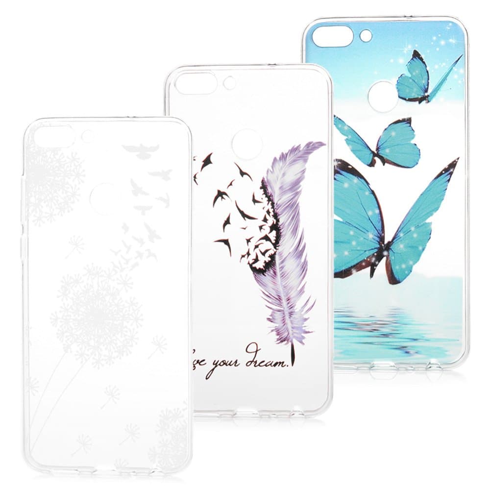 3X Case for Huawei P Smart, Transparent Cover TPU Silicon Rubber Ultra-Thin Flexible Shockproof Bumper Gel Protective Shell - Dandelion, Butterfly, Feather