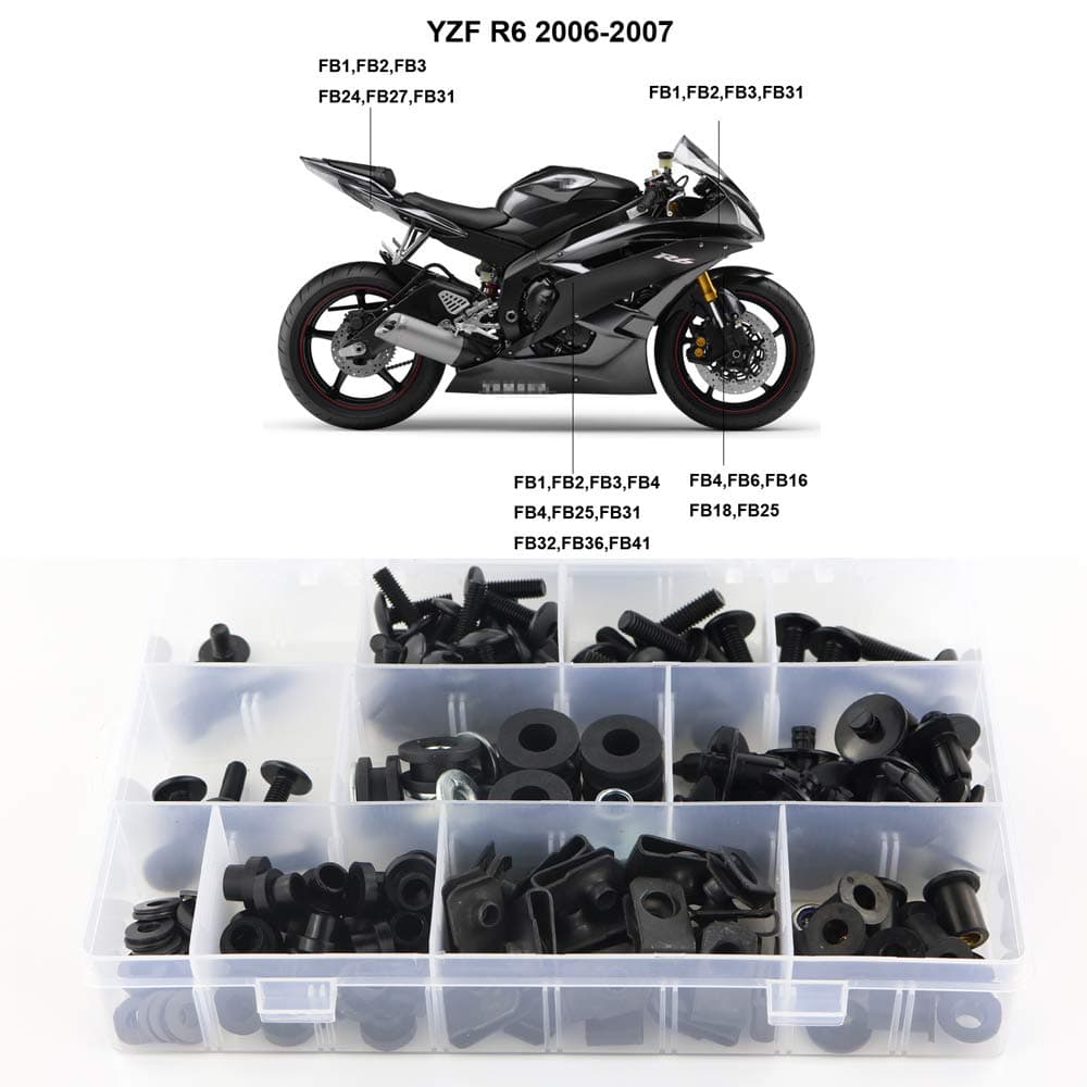 Xitomer Full Sets Fairing Bolts Kits, Fit for Yamaha YZF-R6 2006 2007, Mounting Kits Washers/Nuts/Fastenings/Clips/Grommets (Matte Black)