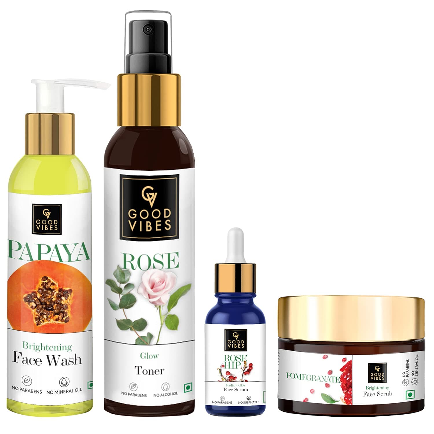 Good Vibes Brightening Skincare Routine Combo (Rose Hip Face Serum 10 ml, Rose Toner 120 ml, Papaya Face Wash 120 ml, Pomegranate Scrub 50 g) (Set of 4) Moisturizing Skin Care Kit for All Skin Types