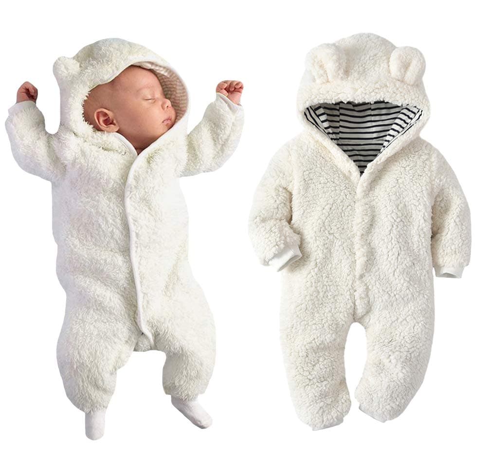 Newborn Baby Boy Girl Bear Ear Hoodie Romper Stripe Winter Fleece Warm Jumpsuit