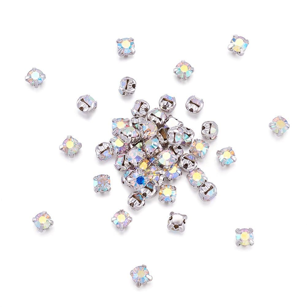 Beadthoven 50pcs 4mm Square Montee Beads Grade A Rhinestone Beads 4 Holes with Brass Findings for Making Bracelets Necklaces Rings, Hole: 1mm (Crystal AB Color)