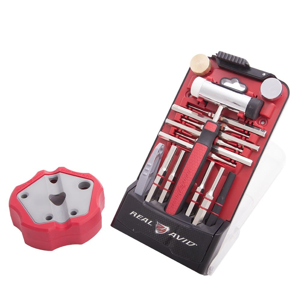 Real Avid Pin Punch Set & Hammer + Non-Slip Magnetic Bench Block | 10 Standard Nickel-Plated Steel Pin Punches, 4 Interchangeable Hammer Heads - Brass, Steel, Rubber, Nylon & Non-Marring Bench Block