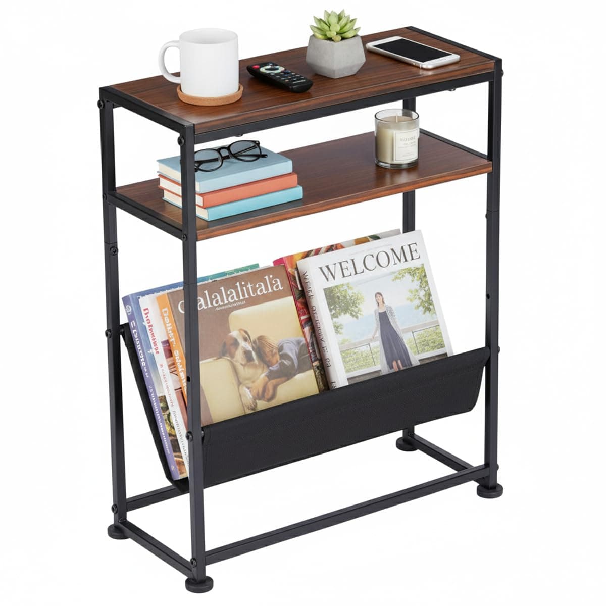 Narrow End Table for Small Spaces - Slim Side Table with Magazine Holder,2 in 1 Design Narrow Coffee Table Living Room,Skinny Bedroom Nightstand Thin Side Magazine Table,Dark Cherry