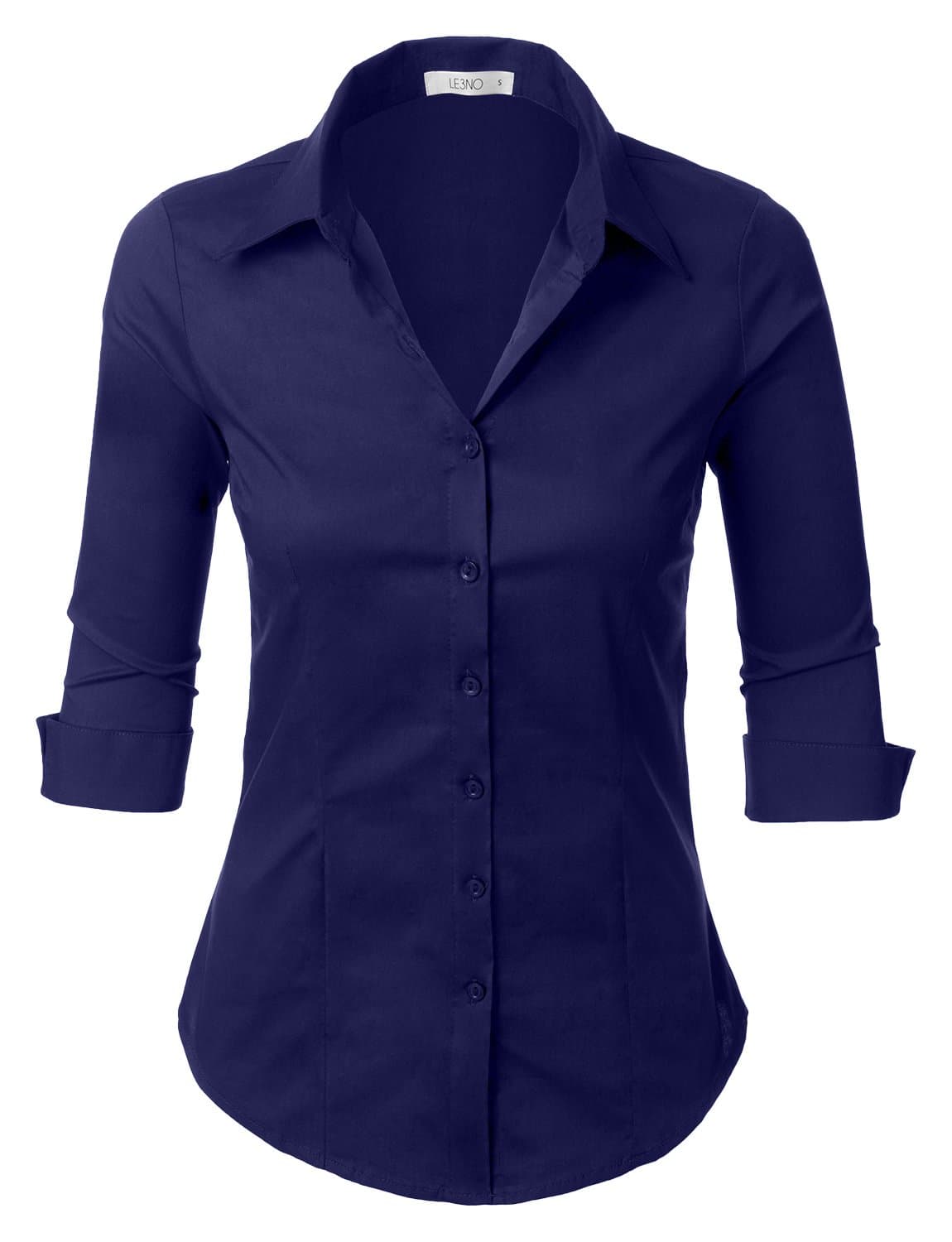 LE3NO Womens Slim-Fit 3/4 Sleeve V Neck Casual Work Shirts Top with Stretch