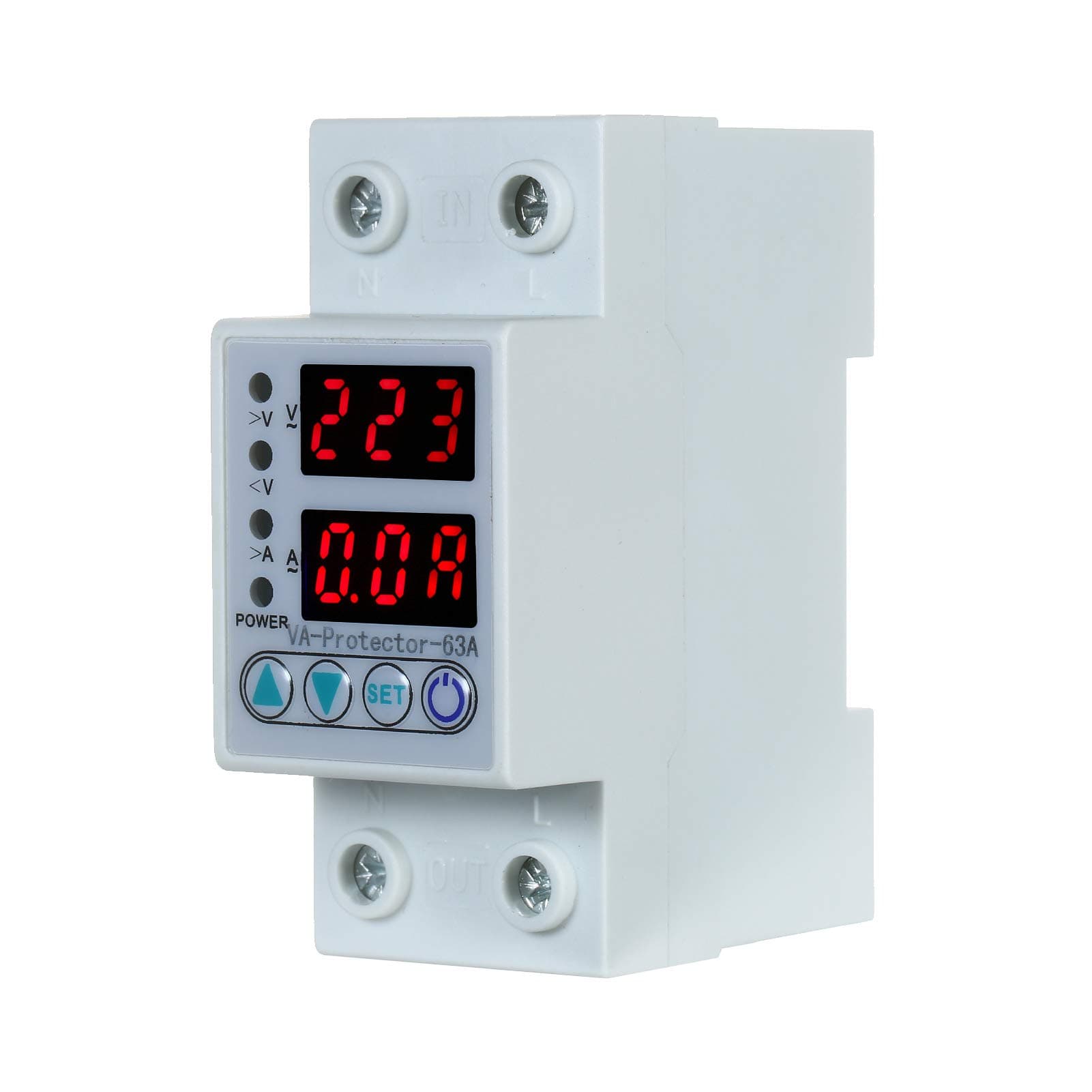 63A 220V Din Rail Adjustable Over Voltage and Under Voltage Protective Device Protector Relay Over Current Protection Home Usage Dual LED Display