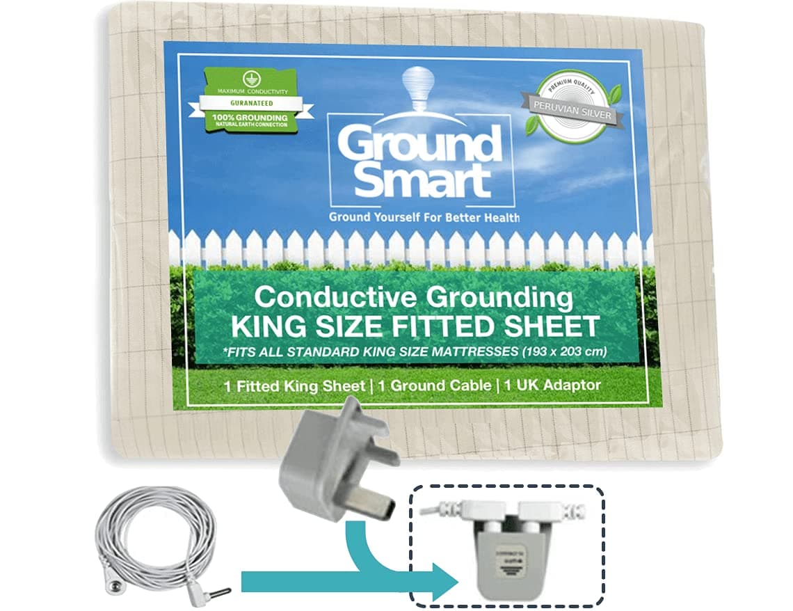 Earthing Sheets UK (203x198cm - fitted) Grounding Sheets UK, Sleeping Aid Earthing Mat Grounding Sheet, Fits Super King Beds, Cold Sheets for Bed, Grounding Mats: 1 x Conductive Cable & 1 x UK Adaptor