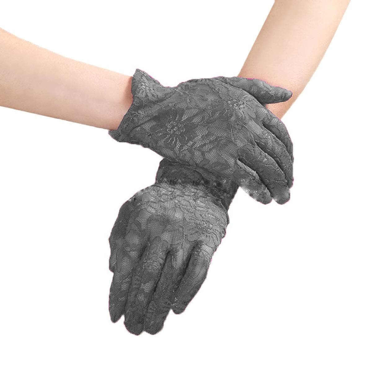 Women's Vintage Sheer Floral Lace Wrist Length Wedding Gloves YT026WT-Gray