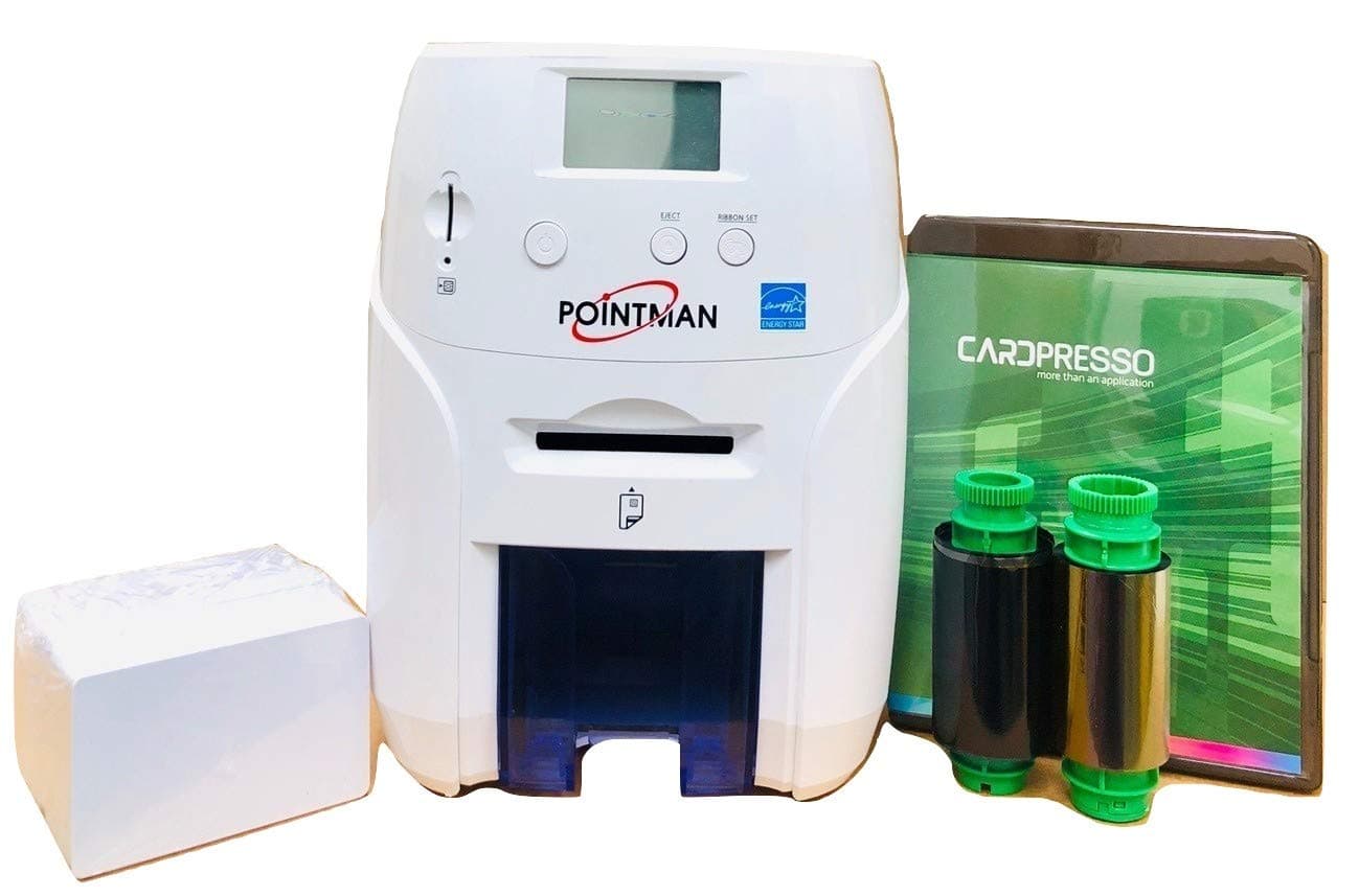 Pointman Nuvia N20 Dual Side ID Card Printer Bundle with badging Software, Color dye Film, Blank Cards and cleanning kit