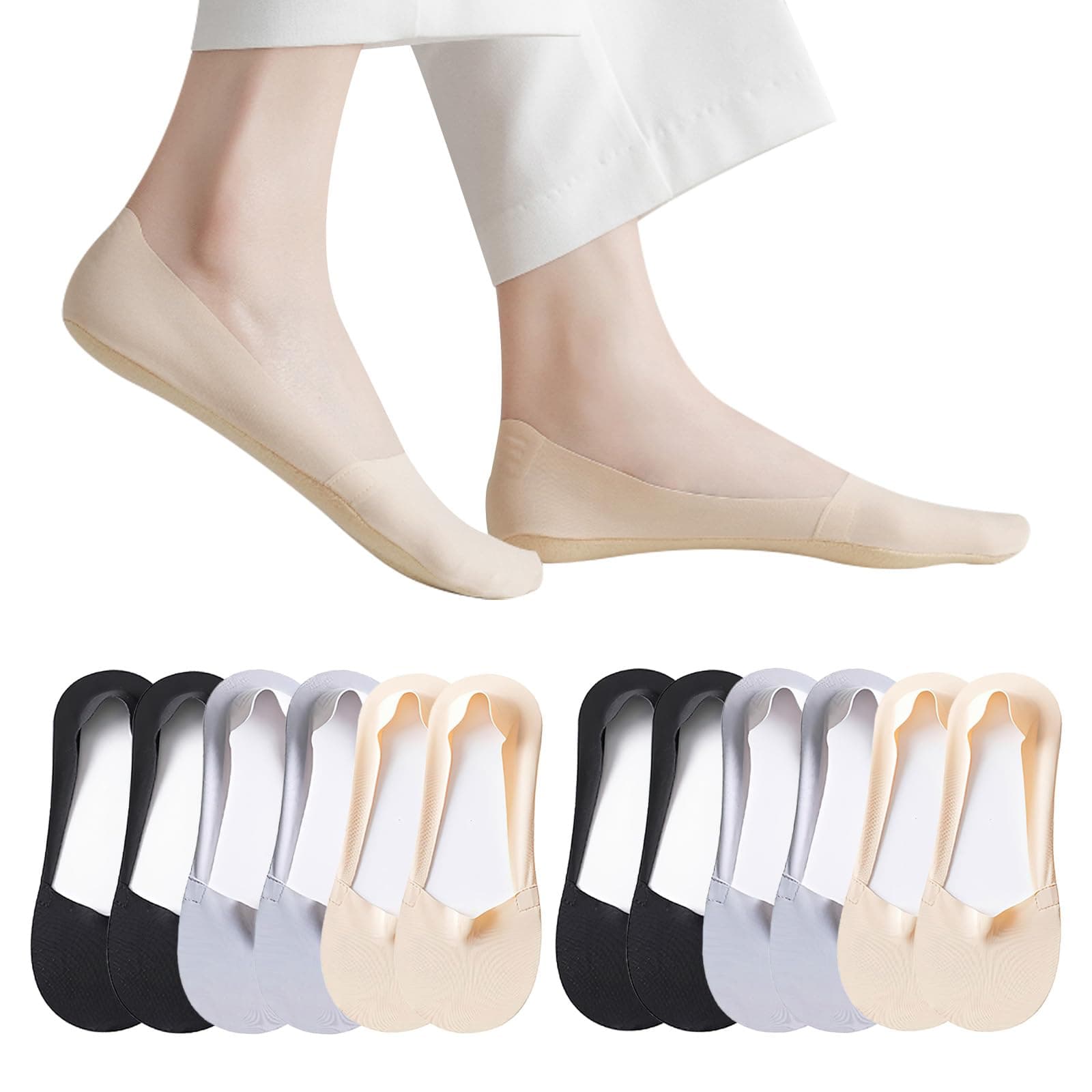 Thin No Show Socks Women Low Cut Invisible Liner Socks for Flats Loafers Heels, Cotton Nylon Non Slip Socks 6 Pairs