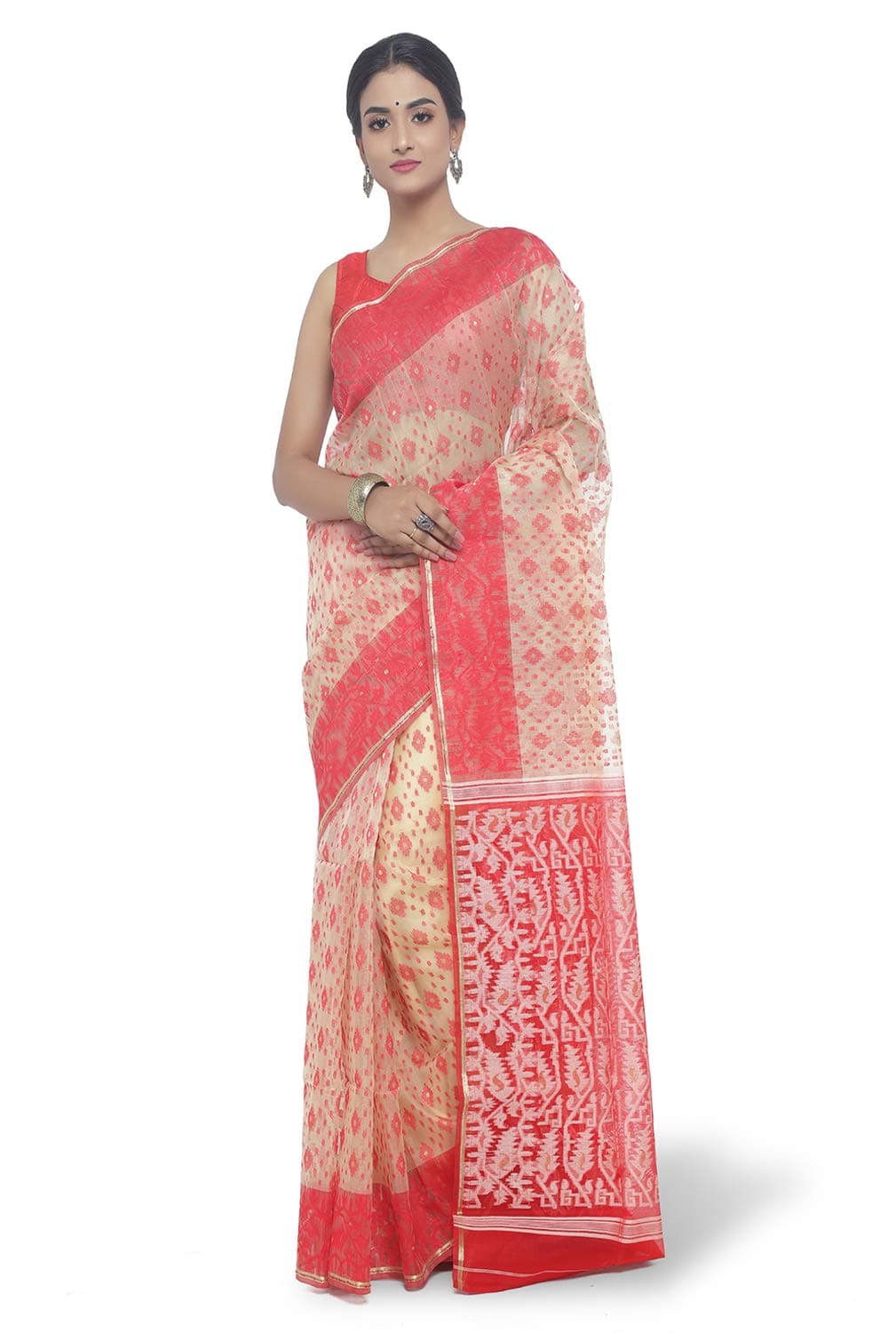 PinkLoom Women's Dhakai Jamdani Saree of Bengal in Muslin Silk with Blouse Piece