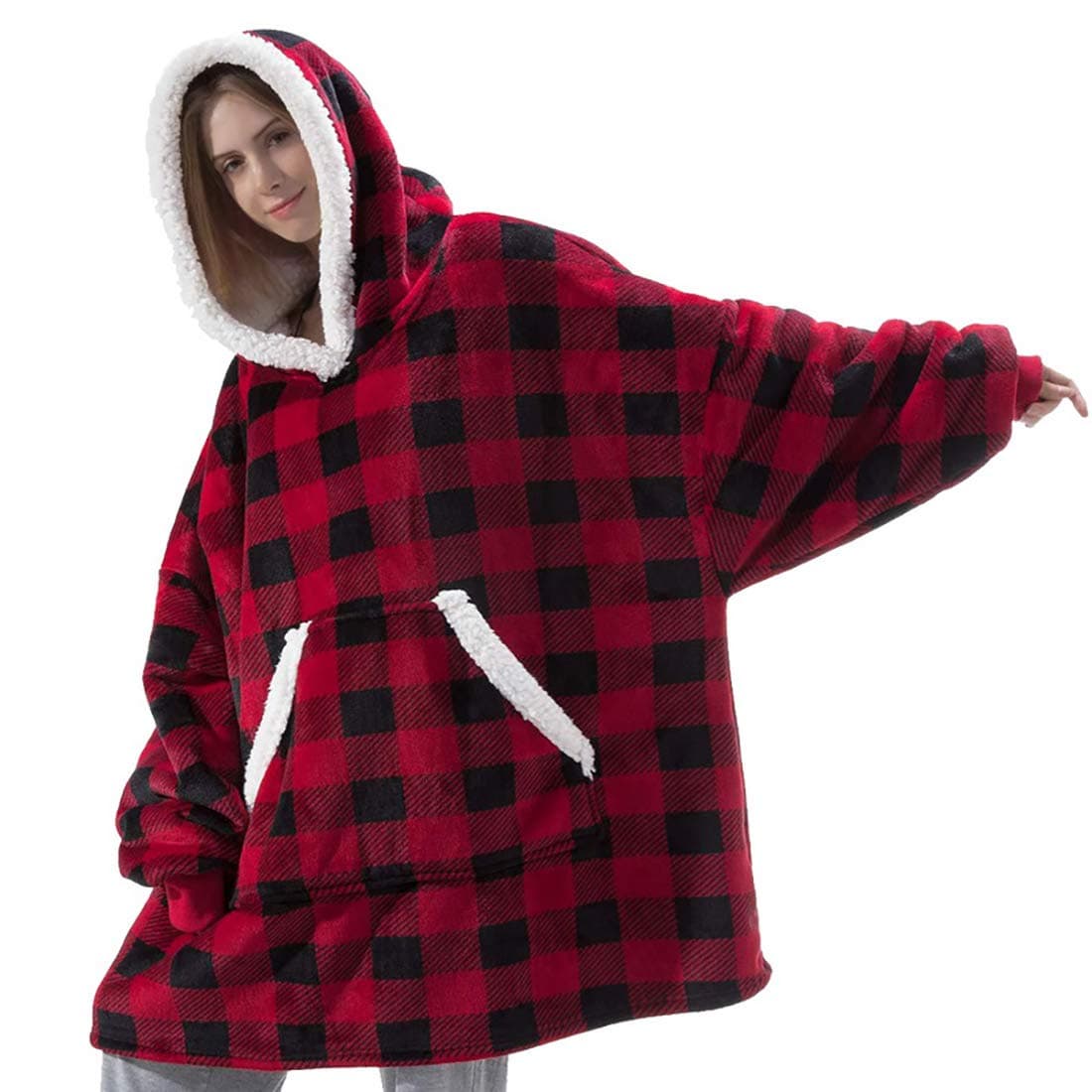 Manooby Oversized Hoodie Sweatshirt Blanket Unisex Fleece Pullover Hoody with Front Pocket Soft Warm Cozy Clothing(B#Red Lattice)