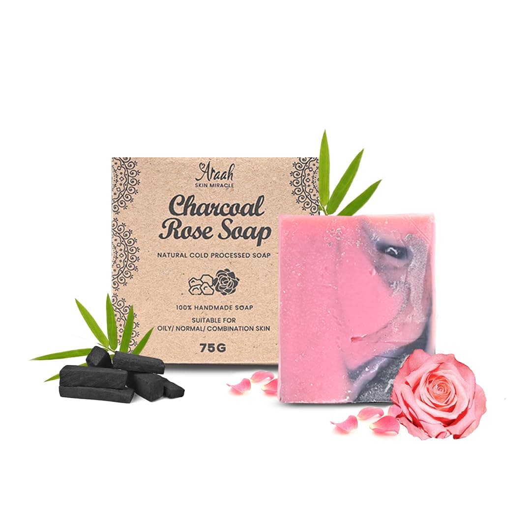 araah charcoal rose soap | detan soap for tan removal | cold processed for natural exfoliation, brightening, skin health | handmade bath soap