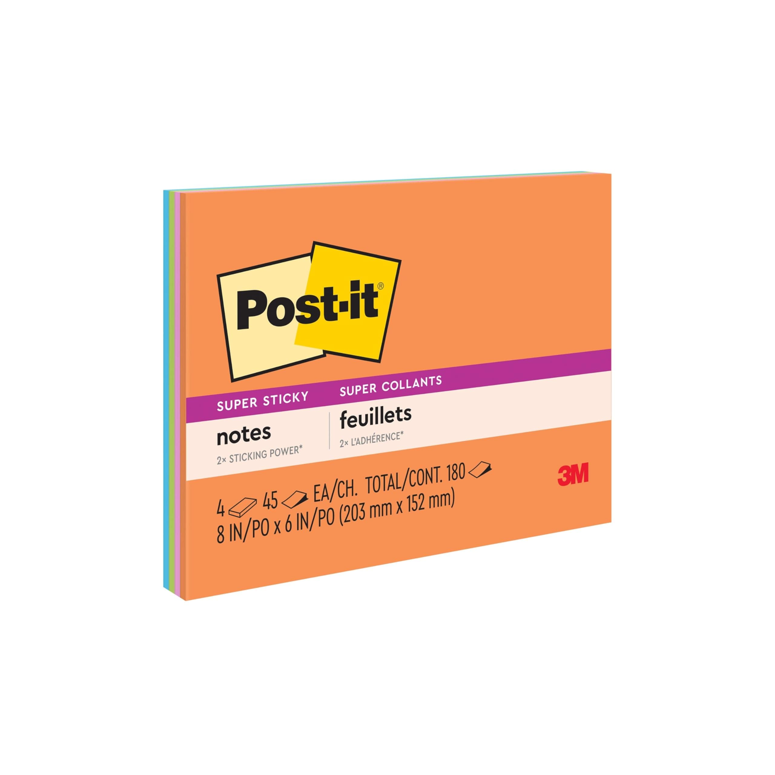 Super Sticky Notes, 8x6 inches, 4 Pads, (Orange, Pink, Blue, Green), Recyclable (6845-SSP)