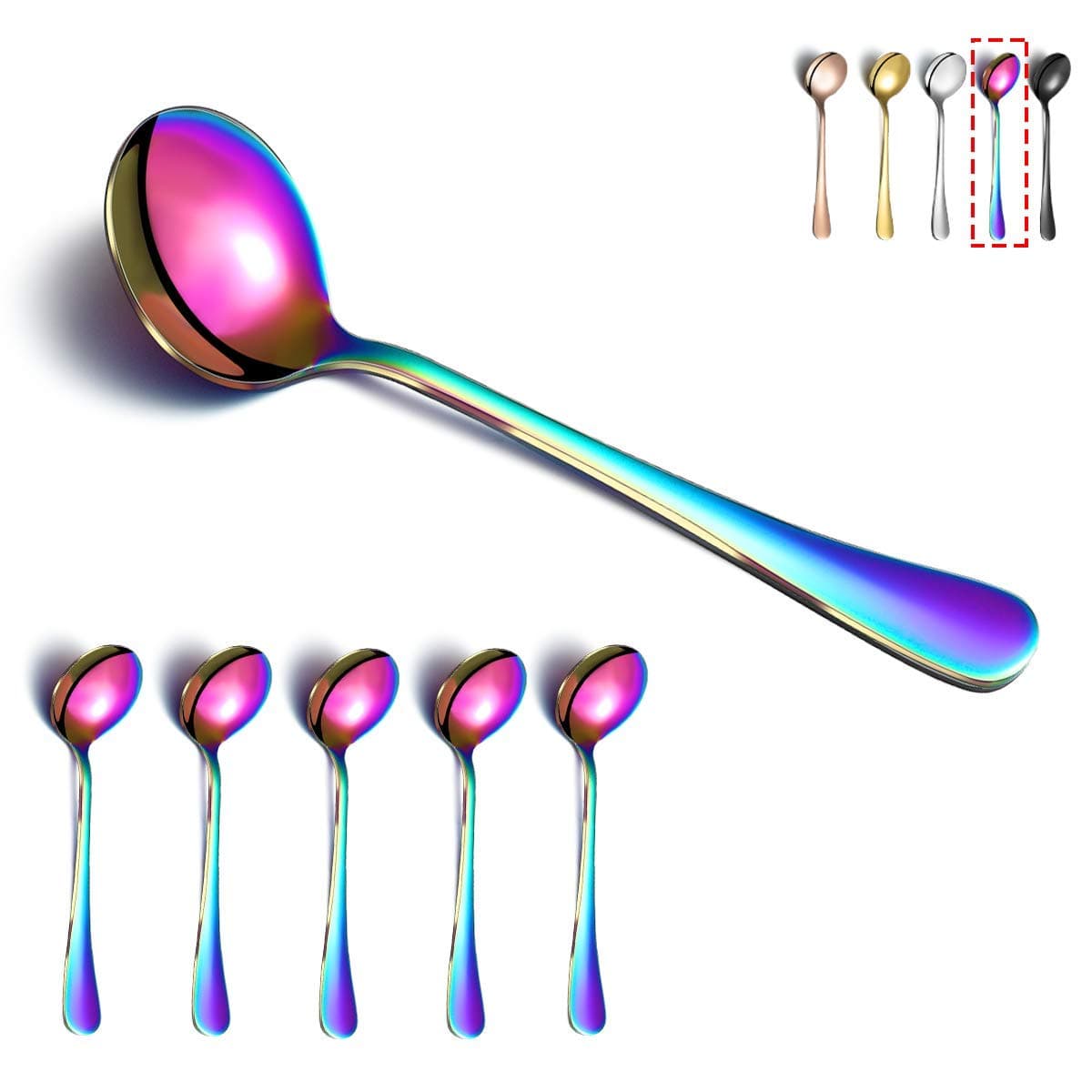 Rainbow Titanium Plated Stainless Steel Round Spoons - 6 Piece Set, Colorful Dinner Table Spoons, Dishwasher Safe