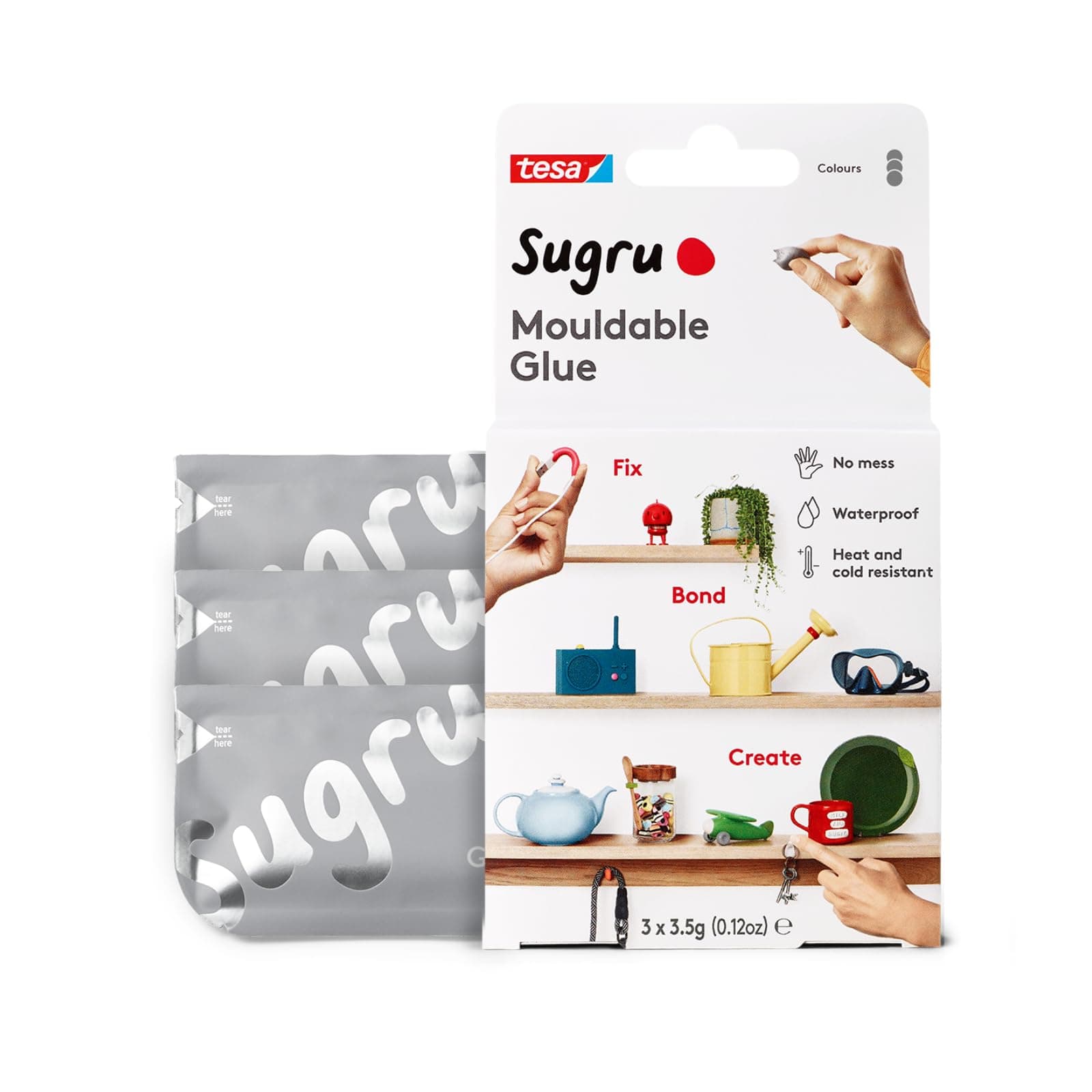 Sugru tesa by - Moldable Multi-Purpose Glue for Creative Fixing and Making, Gray, 3 Piece