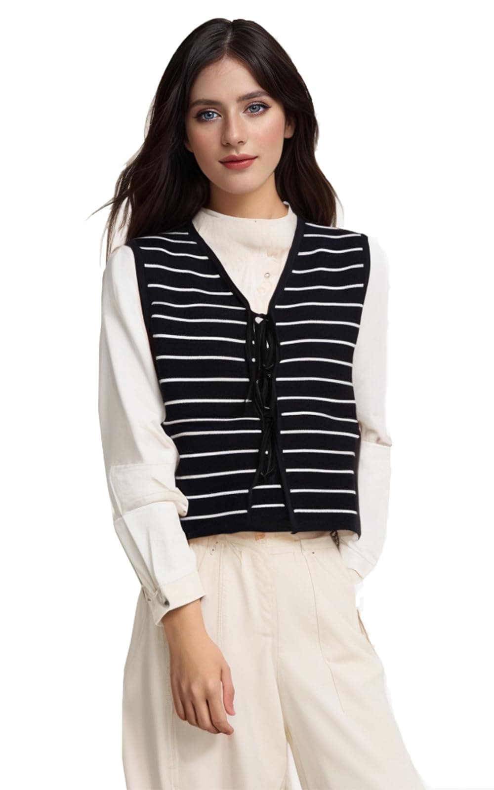 Women's Sleeveless Crochet Knit Top Vest Open Front Tie Cropped V-Neck Casual Fashion Outwear Cardigan Sweater Vest, Black Stripe, M