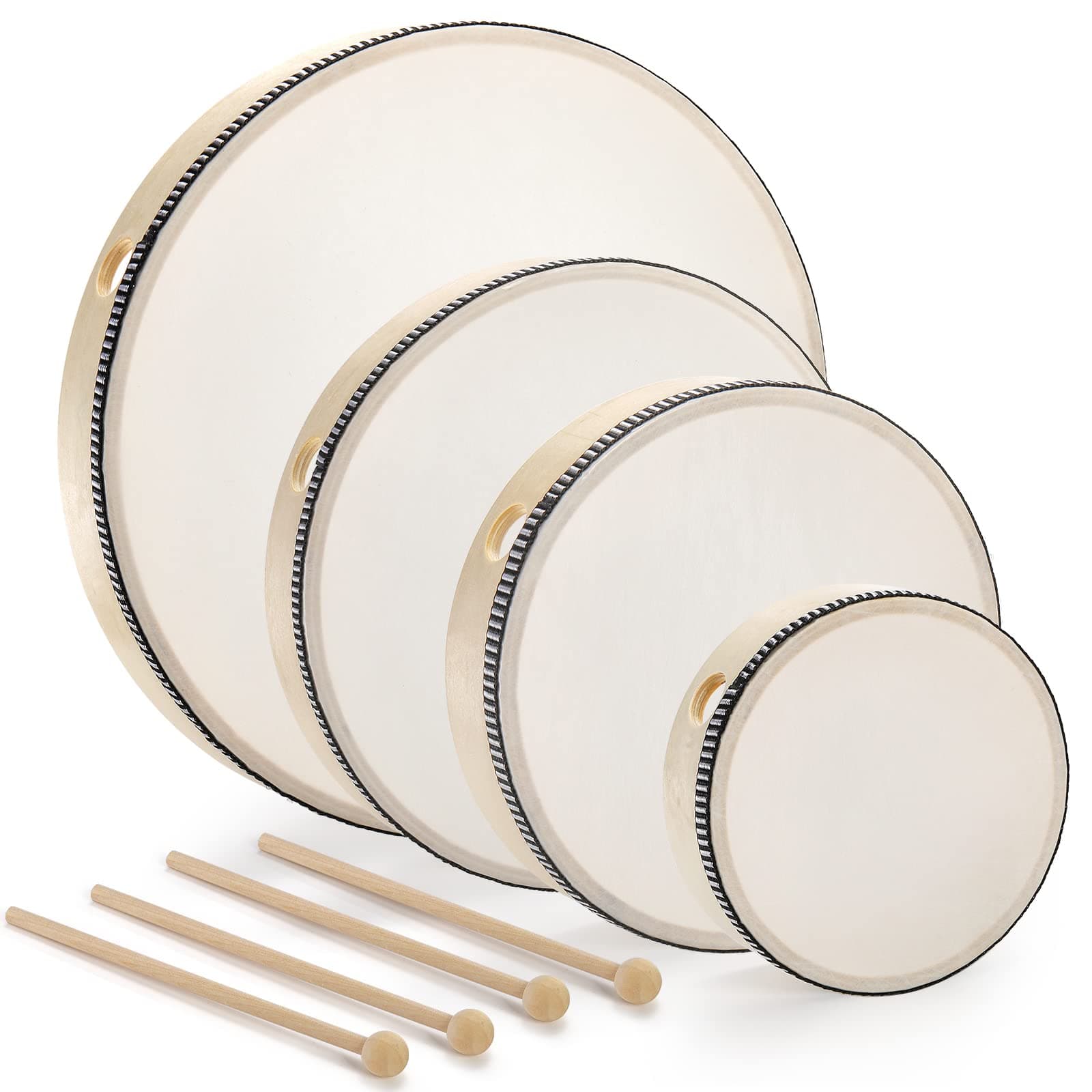 Foraineam 4 Pack Hand Drum 12 Inch 10 Inch 8 Inch 6 Inch Wood Drum Set Musical Percussion Instrument Wooden Frame Drum with Wooden Drum Sticks for Home Party Supplies