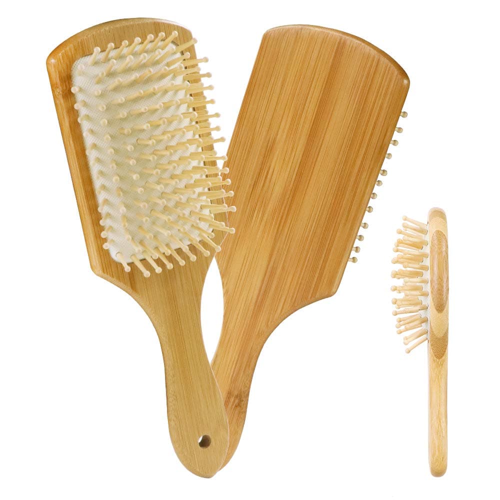 Anyo Bamboo Bristle Detangling Hairbrush for Women Men and Kids, Reduce Frizz and Massage Scalp,Natural Wooden Bamboo Hair Brush + Free Mini Companion Travel Brush