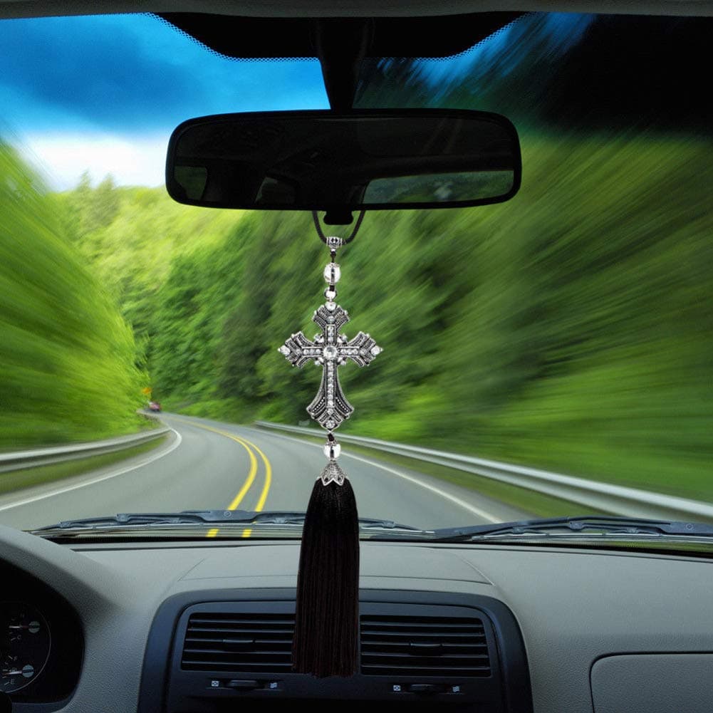 Car Interior Accessories, Rhinestone Cross Jesus Christian Car Rear View Mirror Hanging Pendant Decor Car Decoration Gift