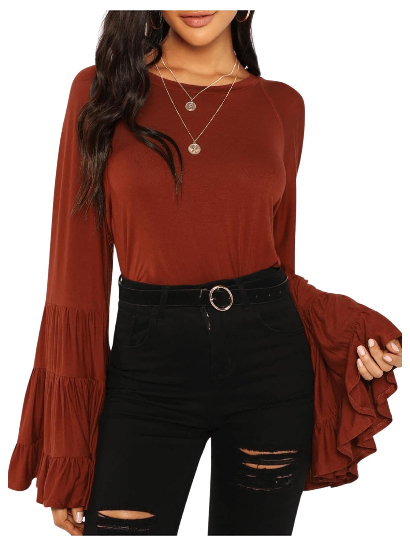 Floerns Women's 70s Western Flowy Bell Sleeve Blouse Tops Shirts