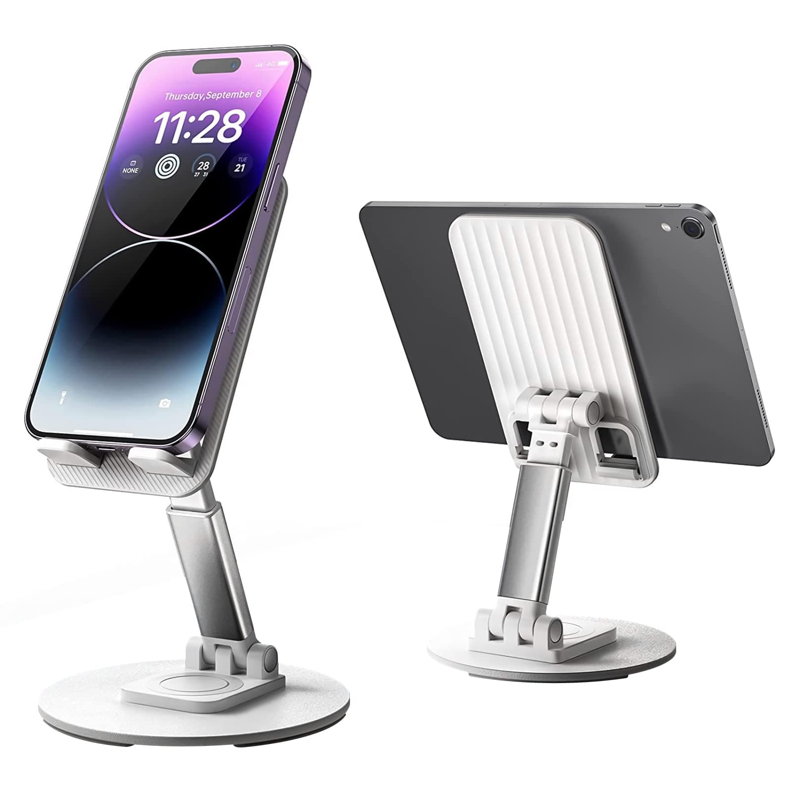 Cell Phone Stand Phone Holder for Desk, Rotatable Adjustable Height Mobile iPhone Stand, Table Portable Foldable Stand for Most Phones, iPhone 14 series, Samsung Galaxy, Tablet/iPad (whith)