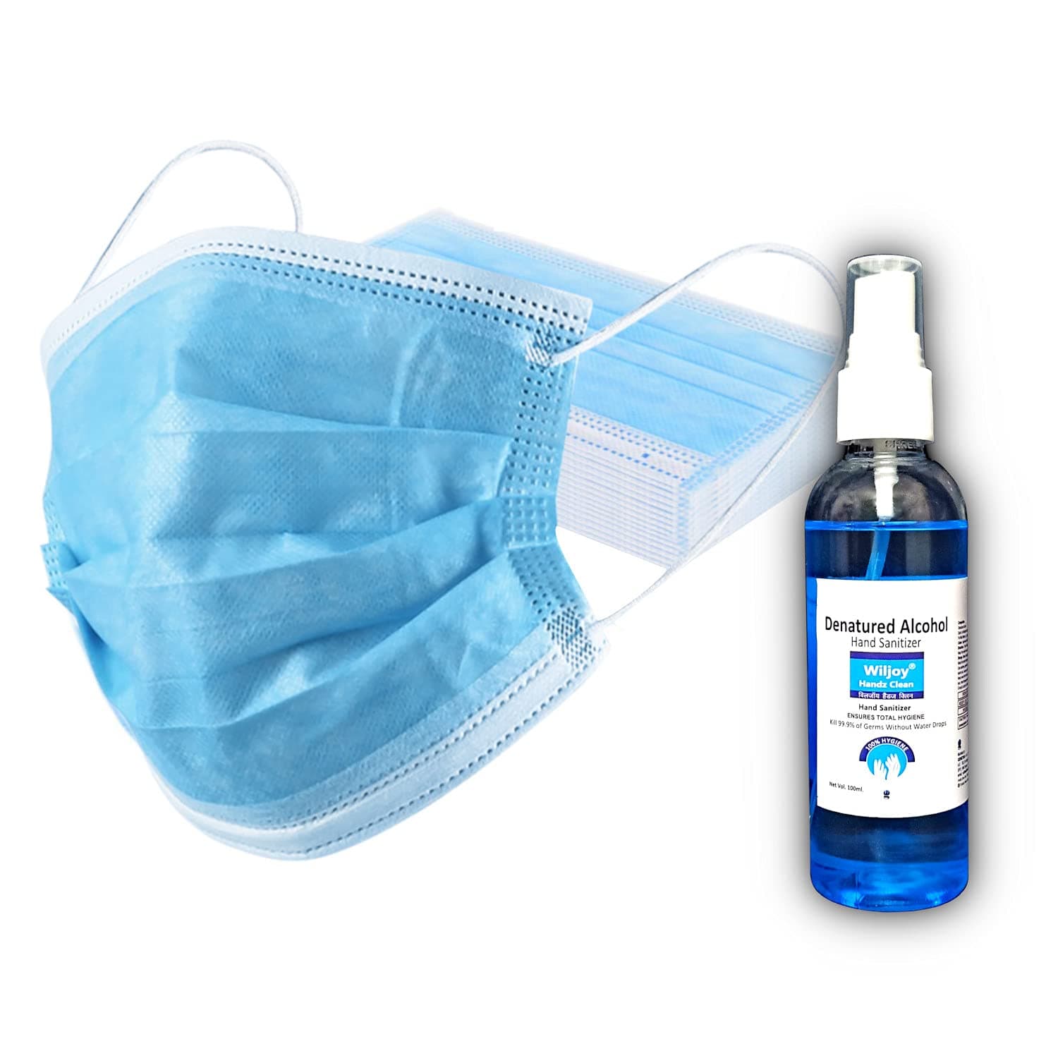 Mask & Sanitizer- COMBO PACK | Lamina 3Ply Disposable & 100ml Wiljoy Handz Clean | BFE>95% | Alcohol 70% (Blue)