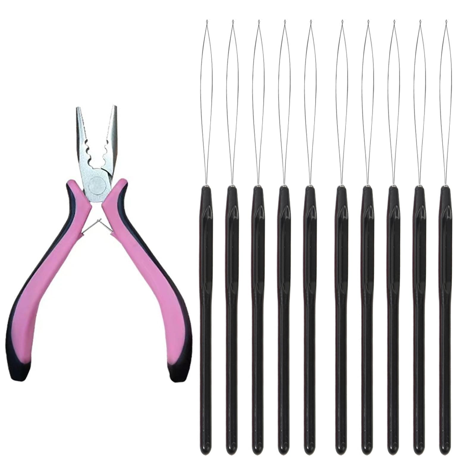 11Pcs Hair Extensions Kit Tools - Pink Pliers and 10 Black Loop Threaders for Styling Accessory