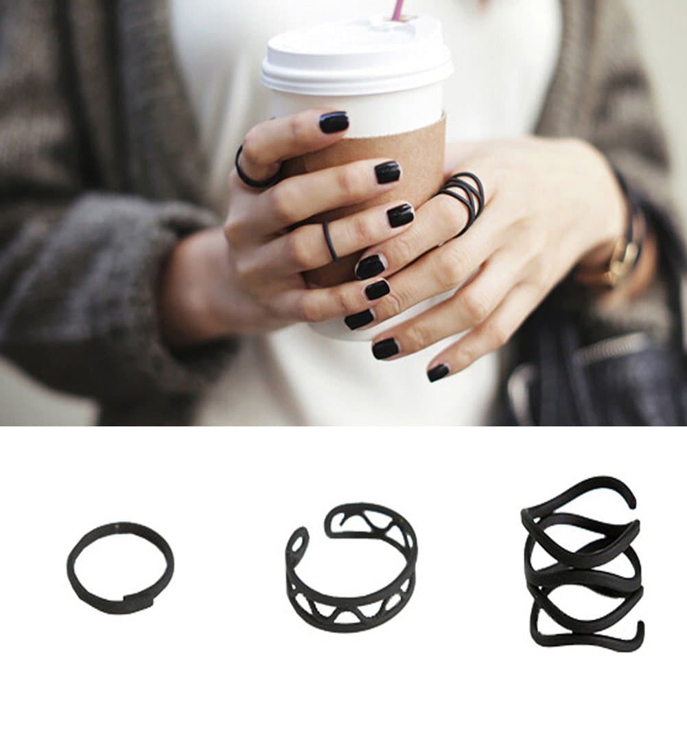 Pink Universe Fashion Cool Black Finger Rings of 3 in 1 set