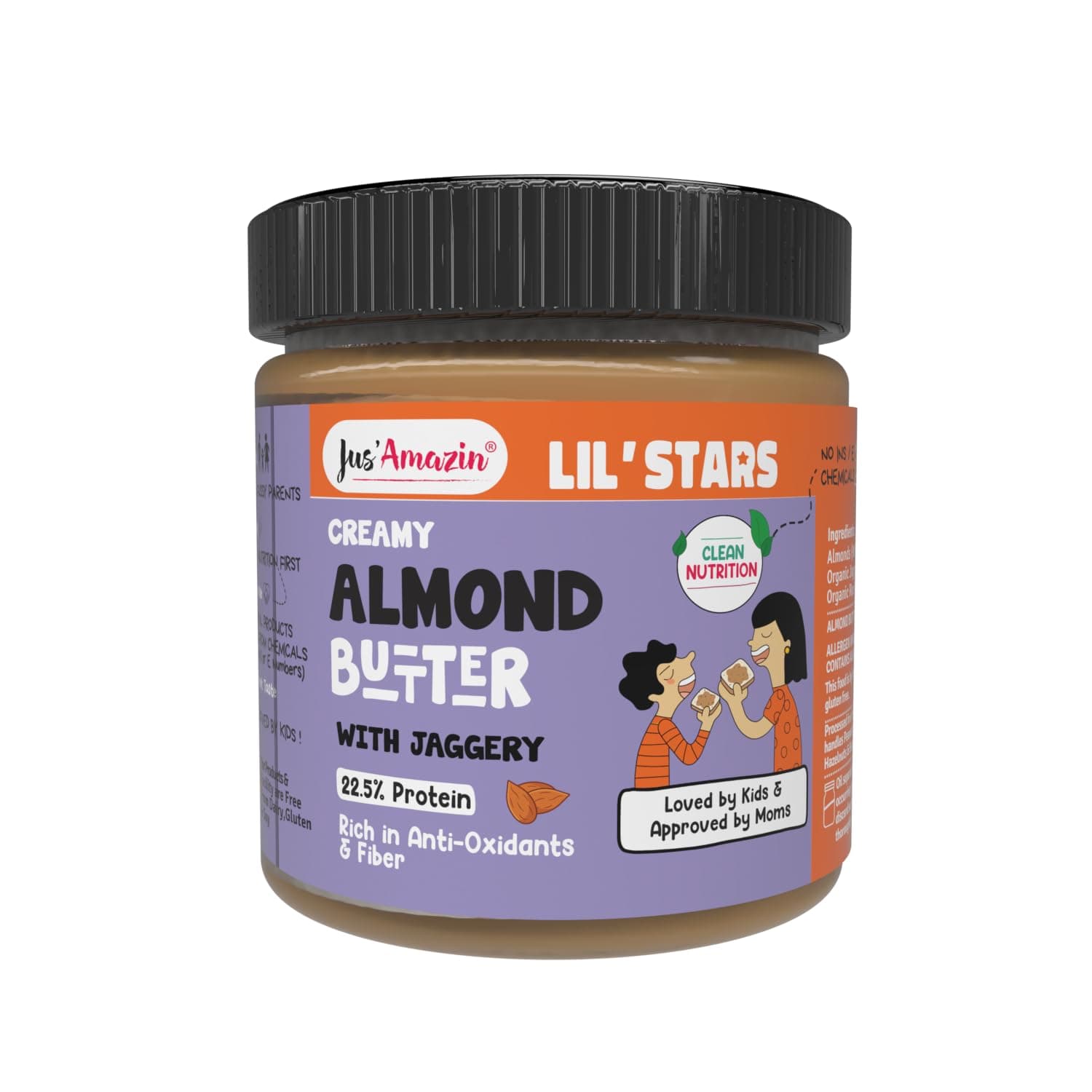 - Jus' Amazin Lil Stars Almond Butter With Jaggery|1 Spoon(6G) = 5 Almonds|Yummy, Clean & Nutritious Almond Butter For Kids|90% Almonds, No Refined Sugar|No Chemicals, No Hydrogenated Fats - 200 Gram