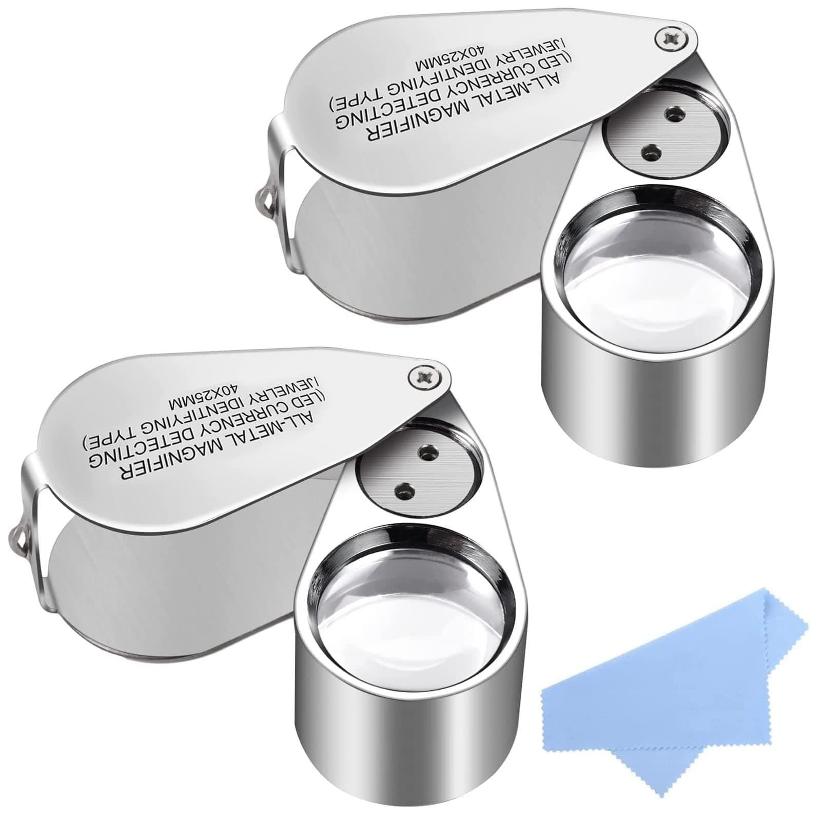 2 Pack 40X Full Metal Illuminated Jewelry Loop Magnifier, Delixike Pocket Folding Magnifying Glass Jewelers Eye Loupe with LED(LED Currency Detecting/Jewelry Identifying)