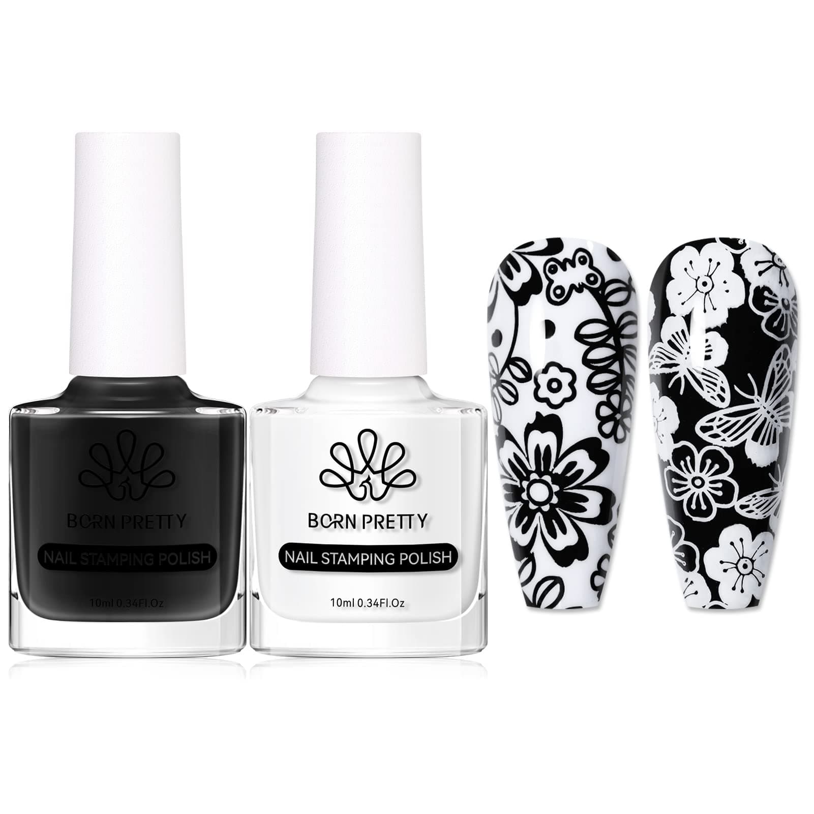 BORN PRETTY 2 Bottles Nail Art Stamping Polish Pure White Black Manicuring Image Print Polish Varnish 10ml