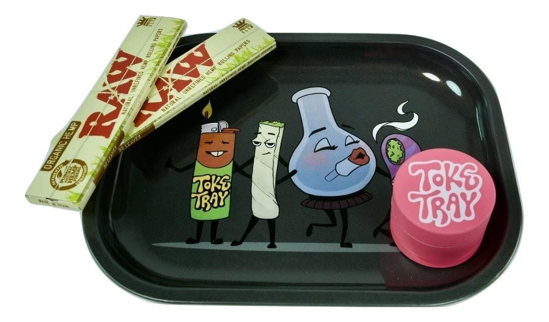 Rolling Tray Bundle with Pink Grinder | Set Includes - Smoke Squad Metal Tray, 2 Packs Raw King Size Slim Rolling Papers & 3-Piece Pink Zinc Grinder