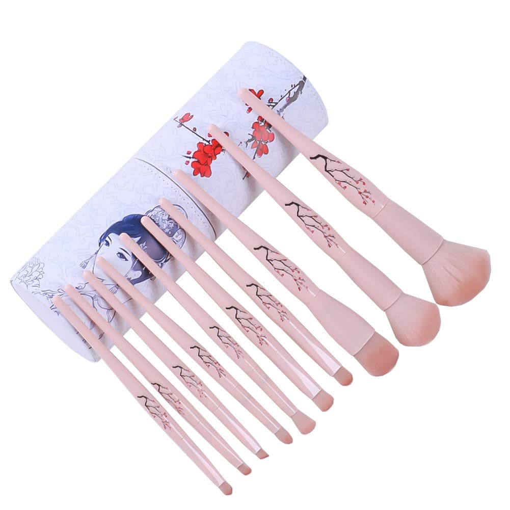 Makeup Brushes Set 10Pcs Beauty Powder Brush Foundation Plum Blossom Embossment Handle Flower Makeup Eyeshadow Brush (Skin Color)