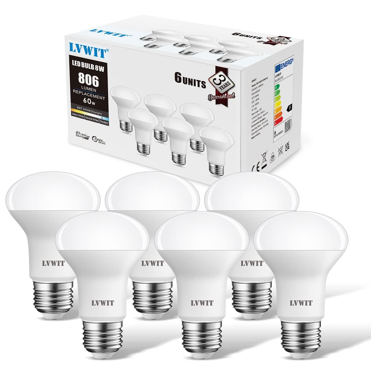 R63 Reflector E27 LED Bulb, 6-Pack, LVWIT 8.5W Daylight White 6500K 806Lm 60W Replacement Non-Dimmable Reflector Bulb