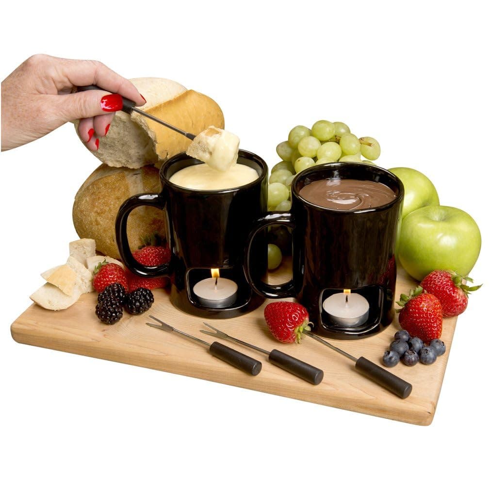 Evelots Mini Fondue Pot Set/Personal Fondue Mugs-Chocolate/Cheese/14-Piece Fondue Maker Gift Set/2 Ceramic Mugs/Forks/Candles