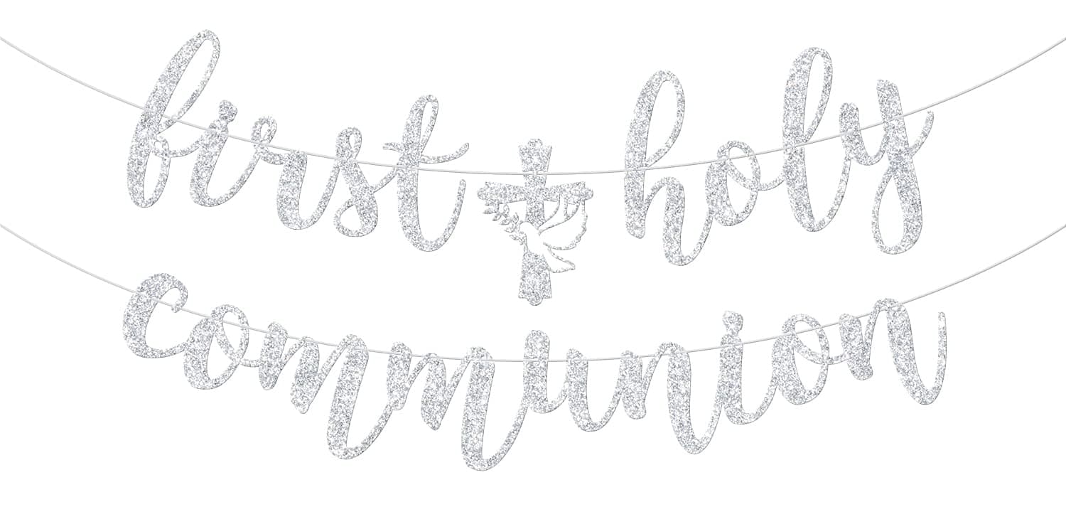 First Holy Communion Banner - Religious Celebration Decorations - Kids Birthday, My Baptism, God Bless, Christening Party Decorations Silver Glitter